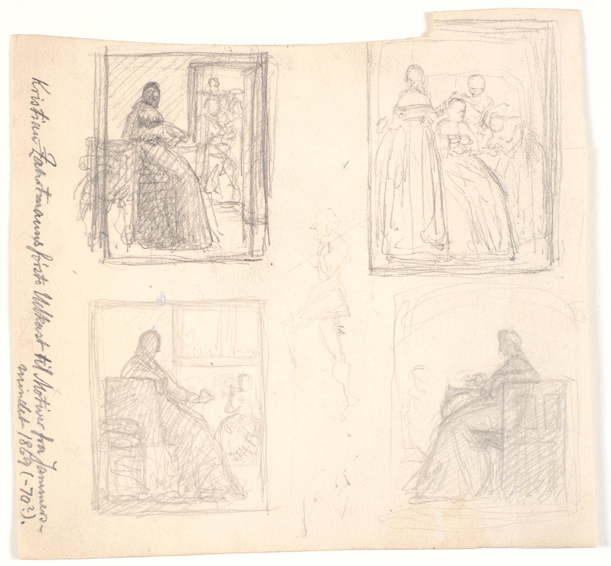 Blad med fire indrammede udkast til første Leonora Christine billeder (1869-70). I midten et figurrids, Kristian Zahrtmann, 1869-1870