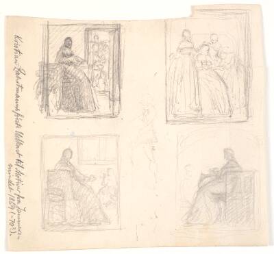 Blad med fire indrammede udkast til første Leonora Christine billeder (1869-70). I midten et figurrids