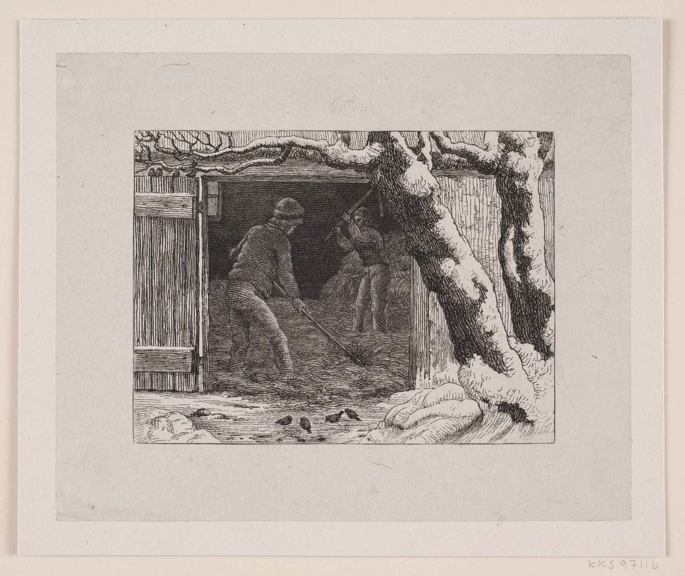 To mænd plejler korn i en so ved vintertid, Waldemar Bøhme, 1848-1926