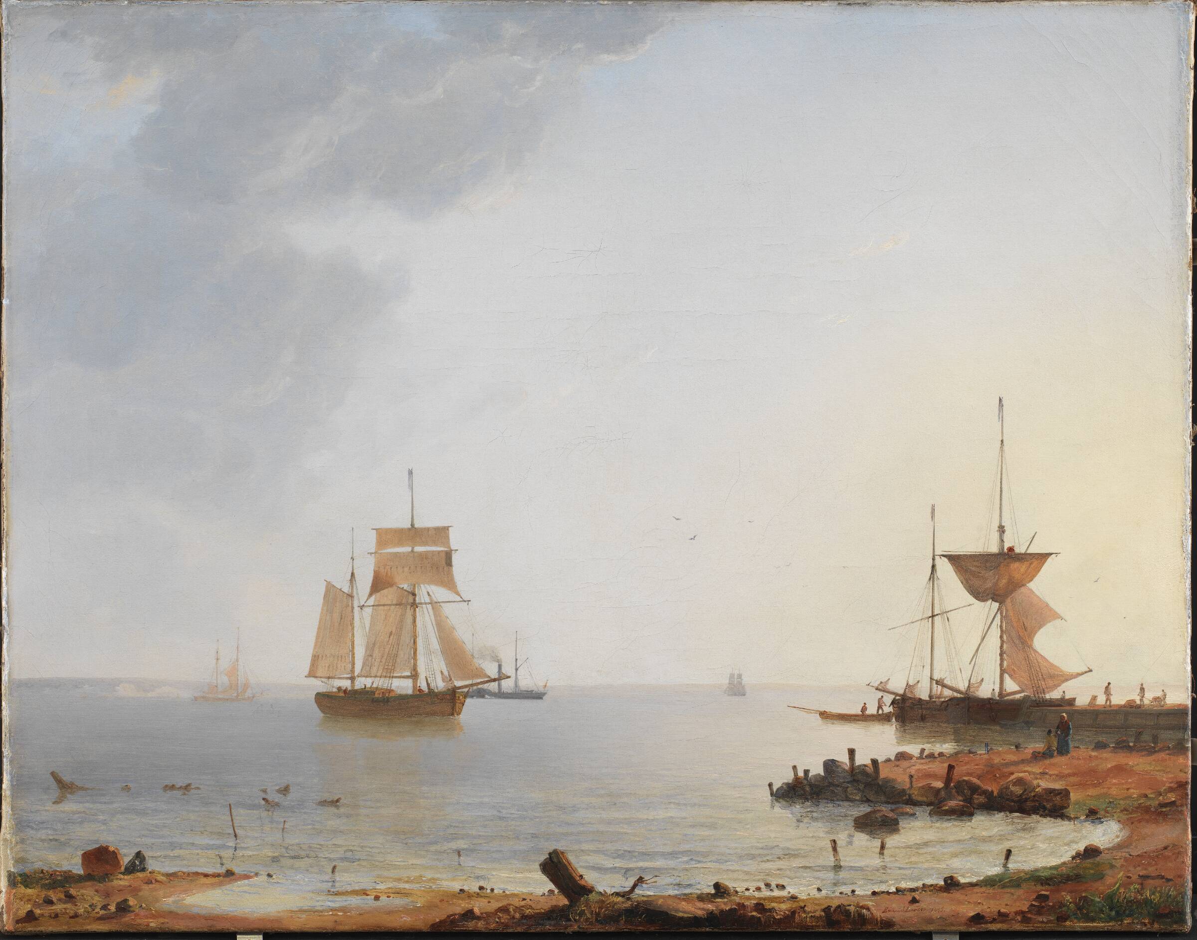 Skibe ved Sjællands kyst. Morgen, Emanuel Larsen, 1845