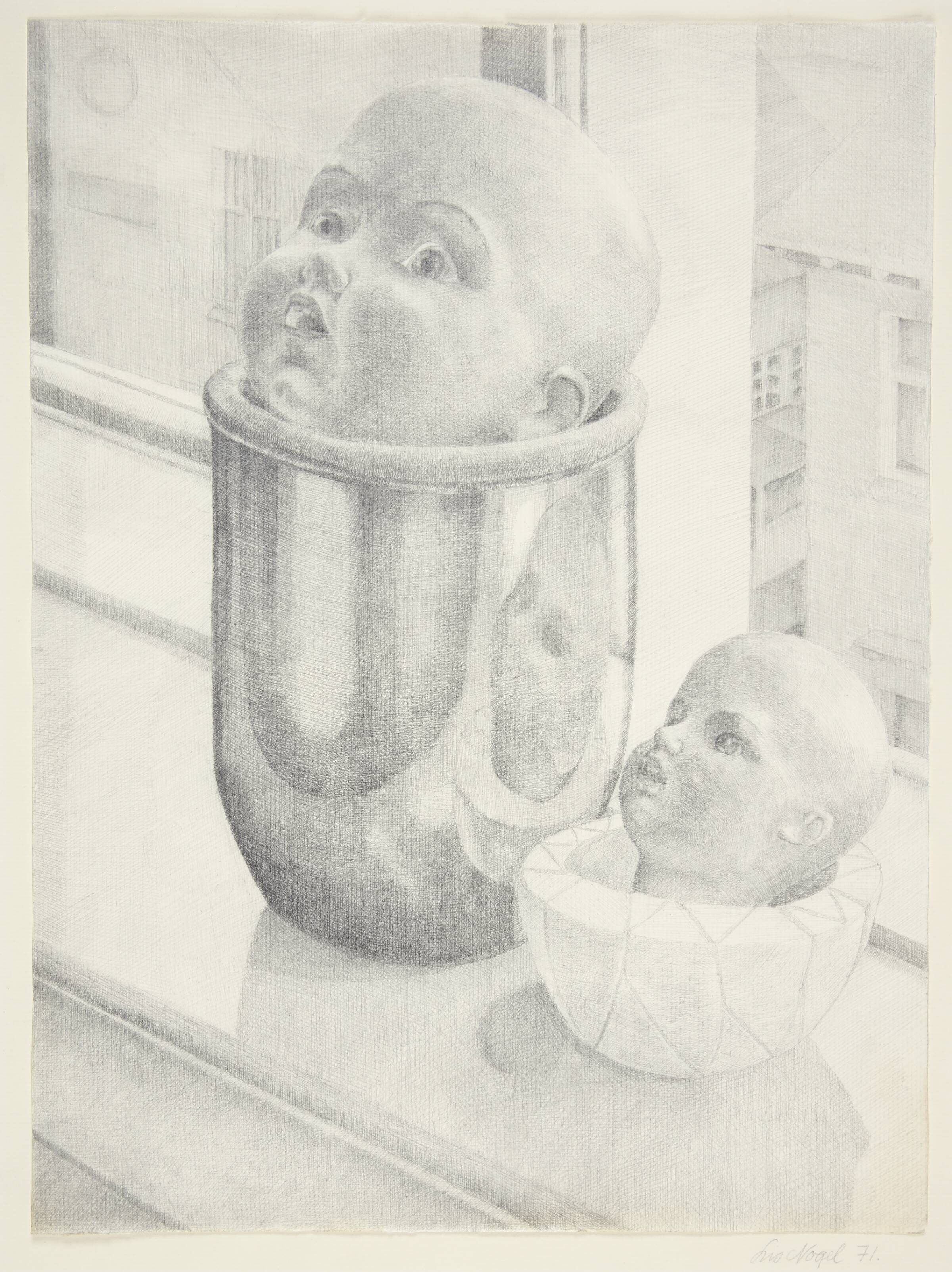 To dukkehoveder i et vindue, Lis Nogel, 1971