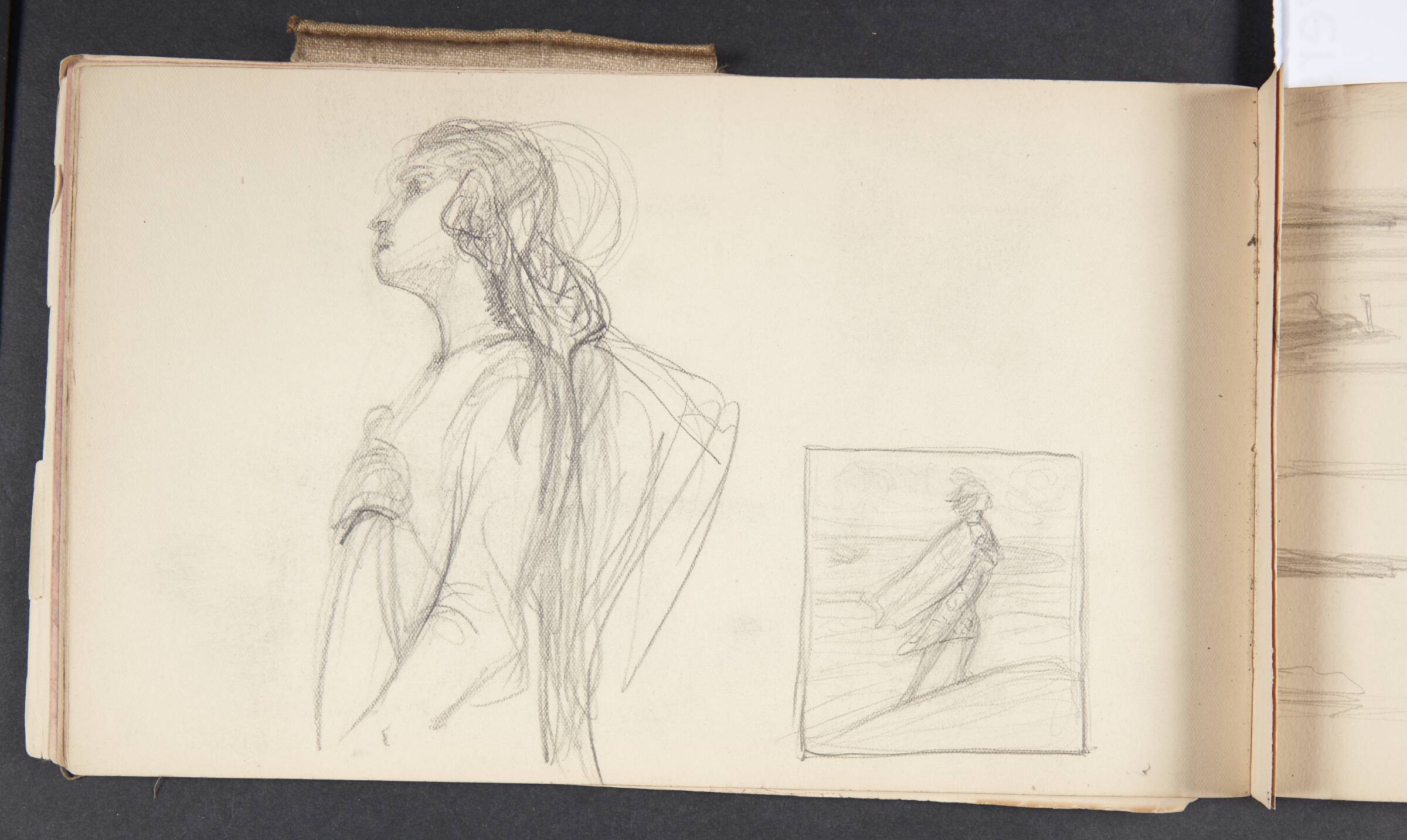 Kvinde i halvfigur og kappeklædt figur på en vindblæst høj, Agnes Slott-Møller, 1896-1897