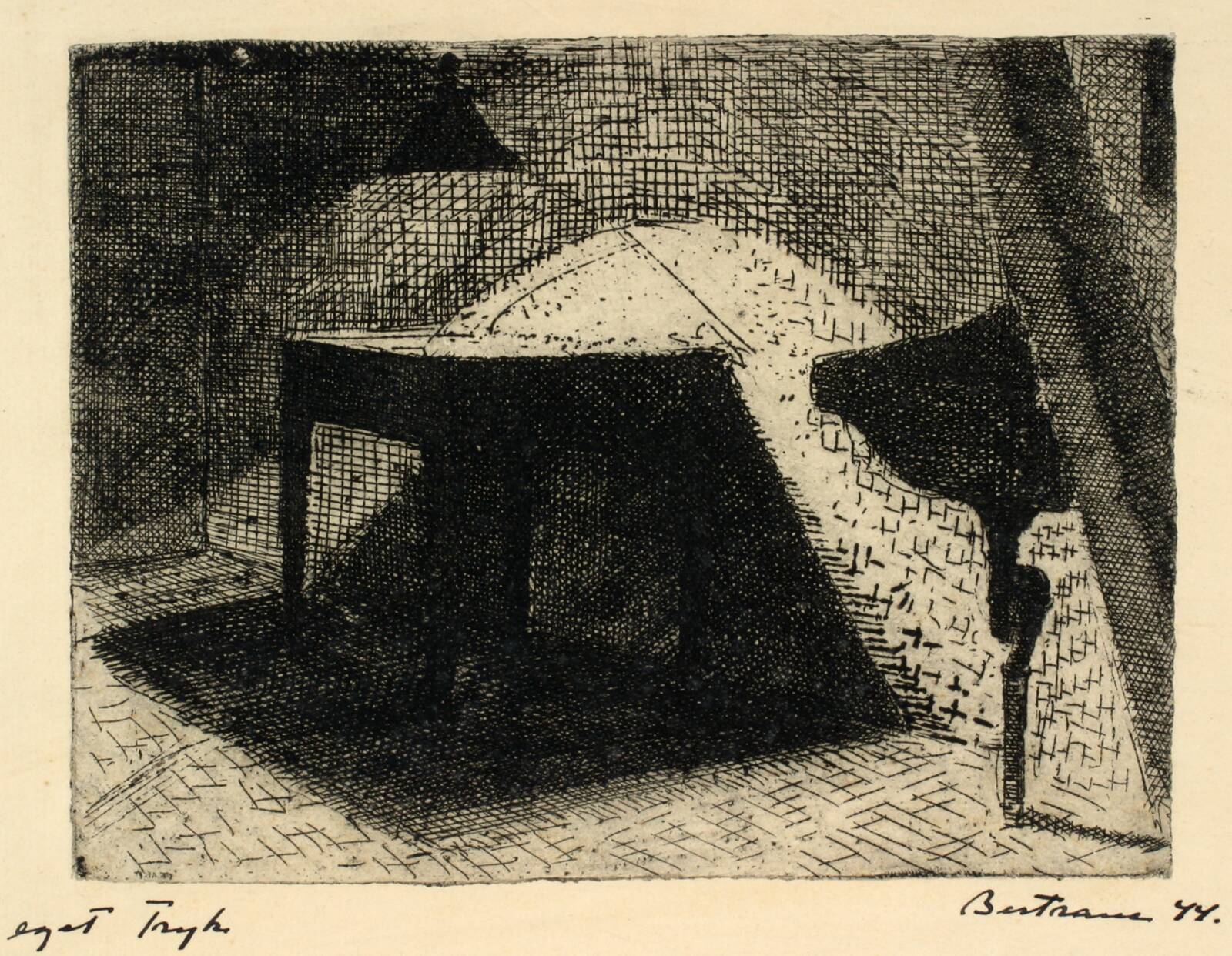 Interiør i lampelys, t.h. en håndvask, Helge Bertram, 1944