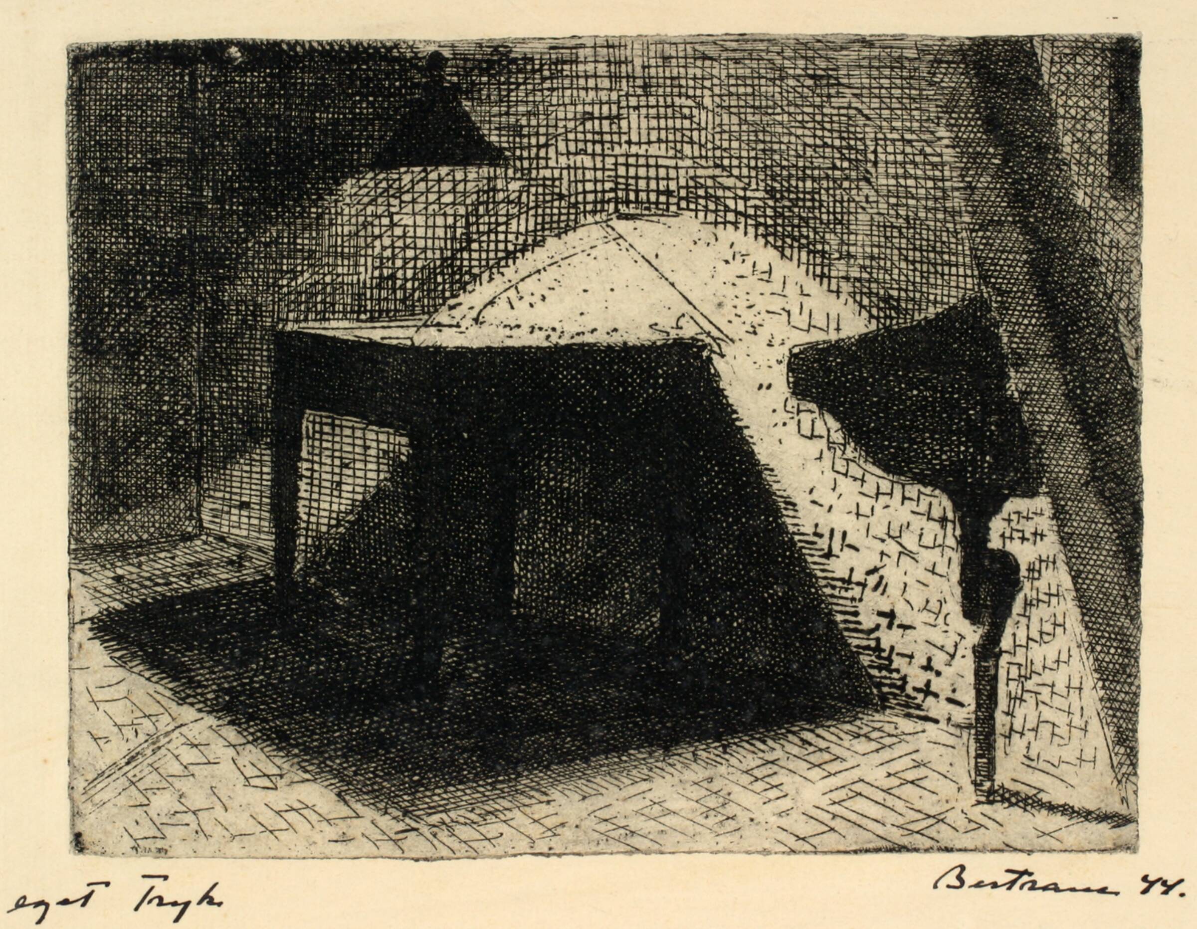 Interiør i lampelys, t.h. en håndvask, Helge Bertram, 1944