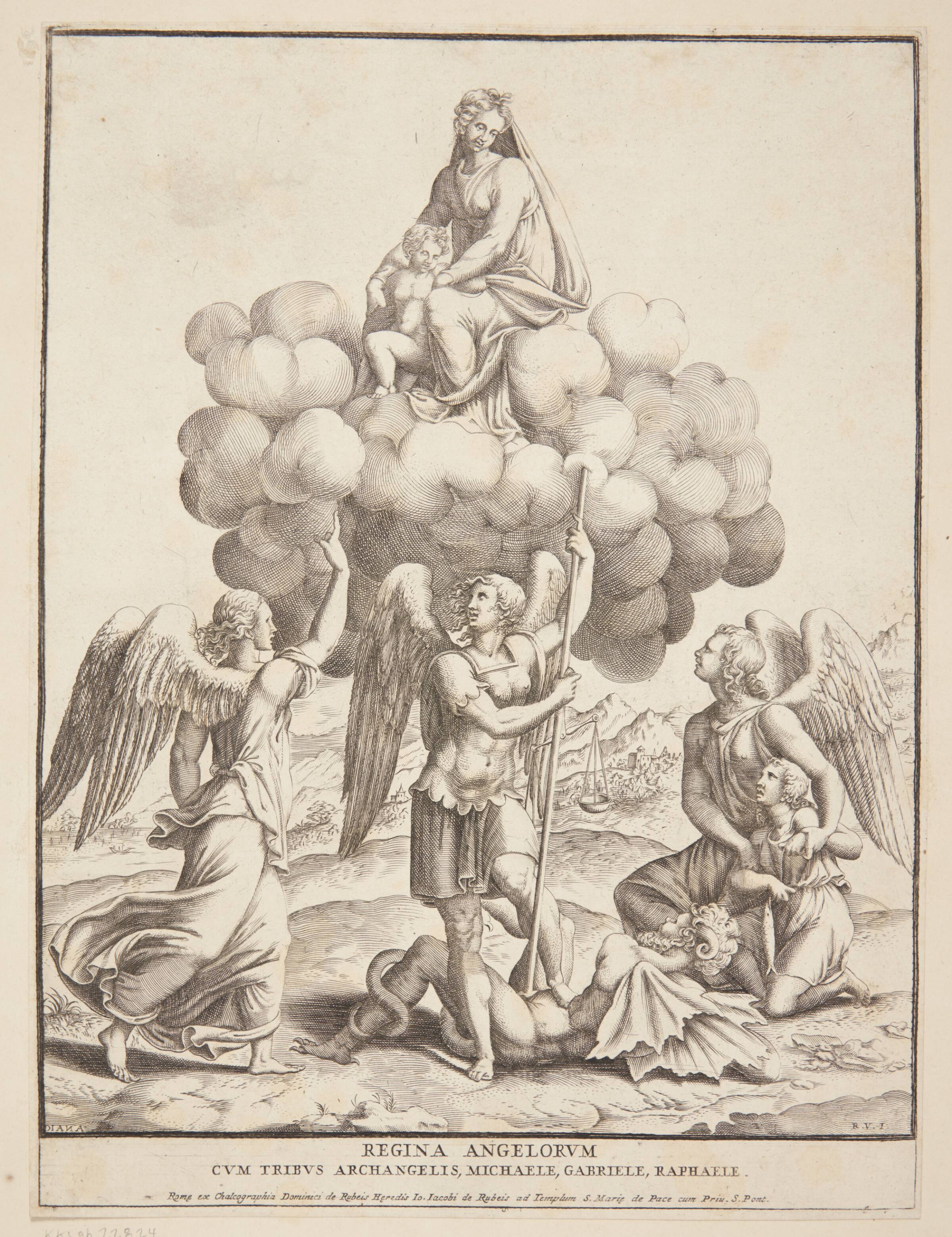 Ærkeenglene Mikael, Gabriel og Rafael tilbeder Jomfru Maria og barnet, Diana Scultori, 1536-1588