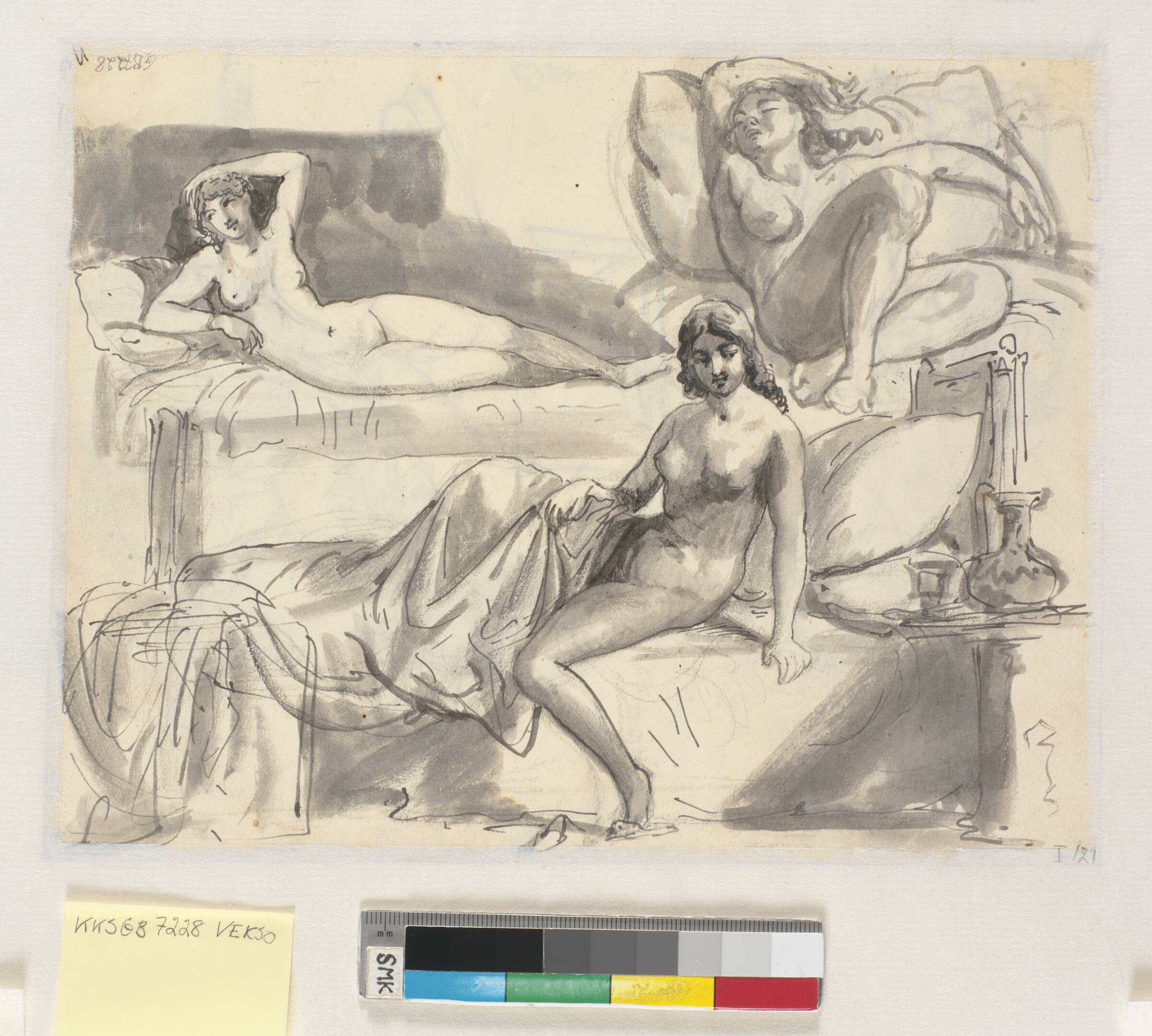 Tre studier af nøgen kvindelig model liggende eller siddende i en seng, Wilhelm Marstrand, 1810-1873