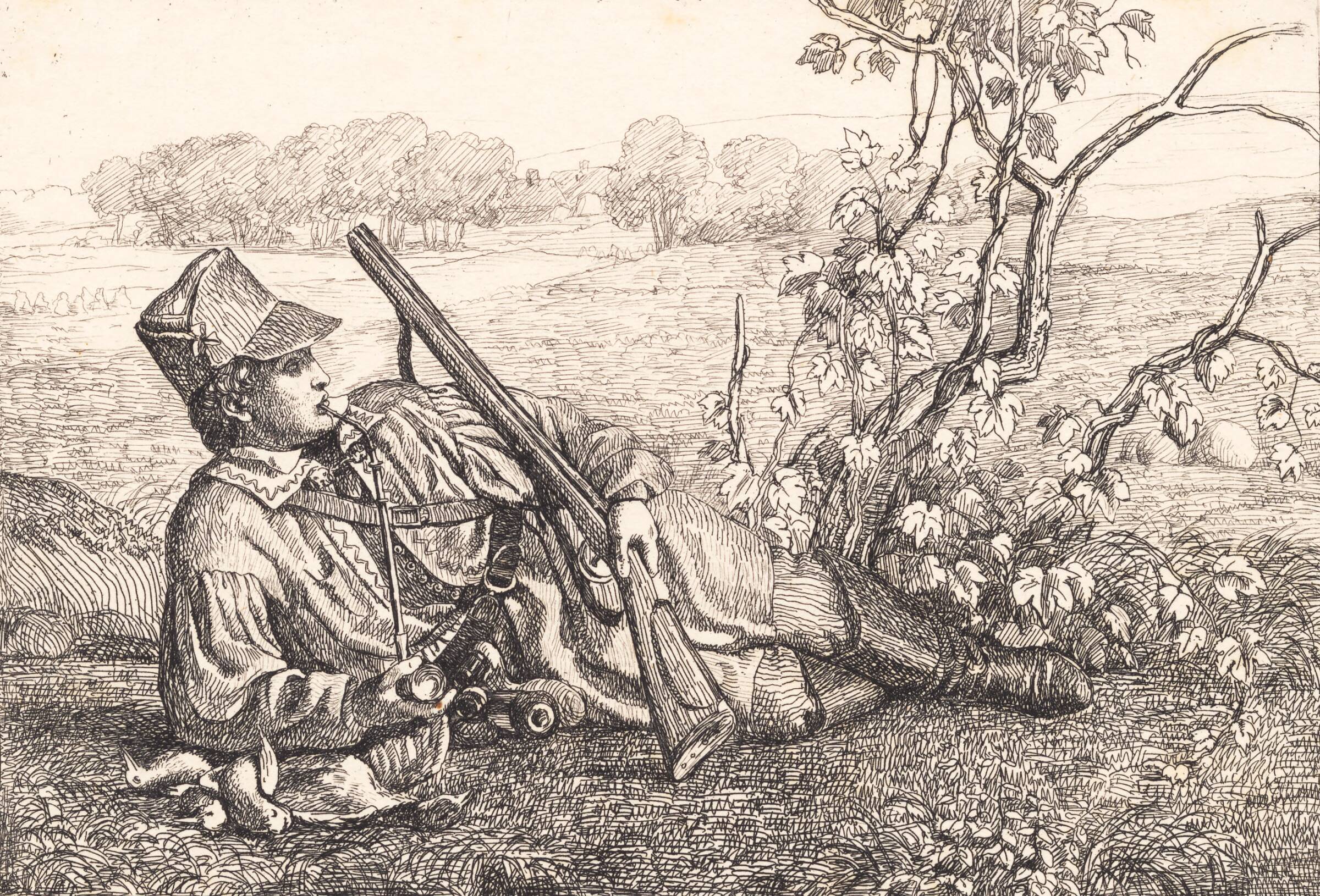 Landskab med en hvilende jæger, Adam Müller, 1832