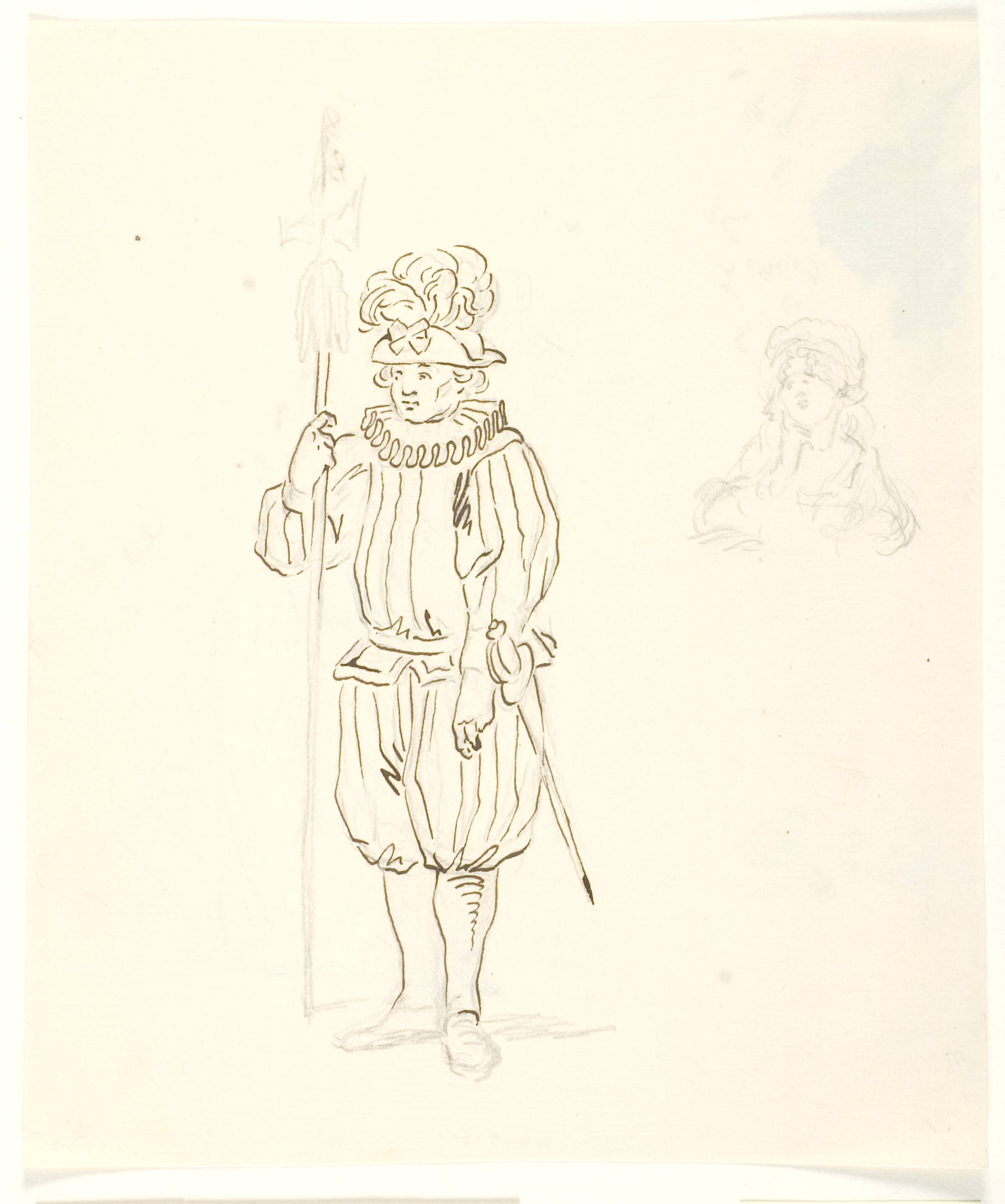 Stående soldat med lanse samt skitse af kvindehoved, Gerhard Ludvig Lahde, 1765-1833
