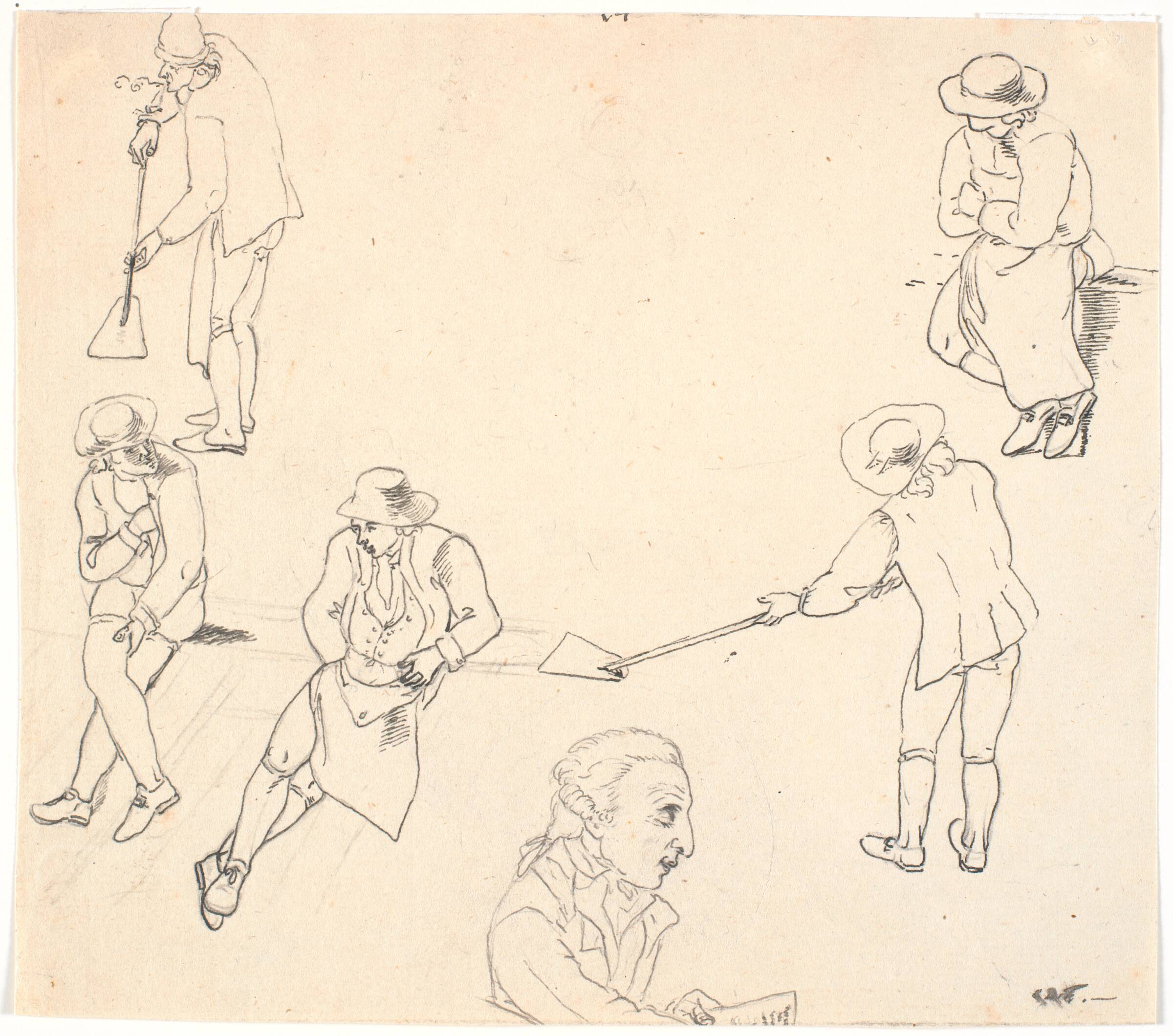 Skitse med seks mandlige figurer, to med skovle, tre siddende, samt en mandsprofil, C.D. Fritzsch, 1765-1841