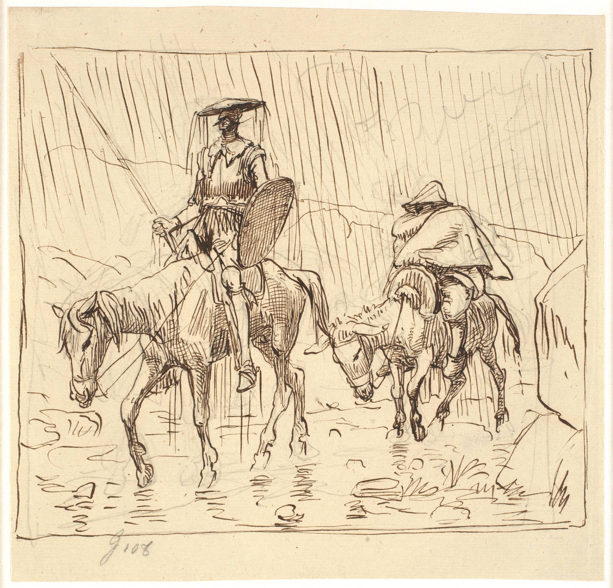 Don Quixote og Sancho Pansa rider i skylregn, Wilhelm Marstrand, 1810-1873