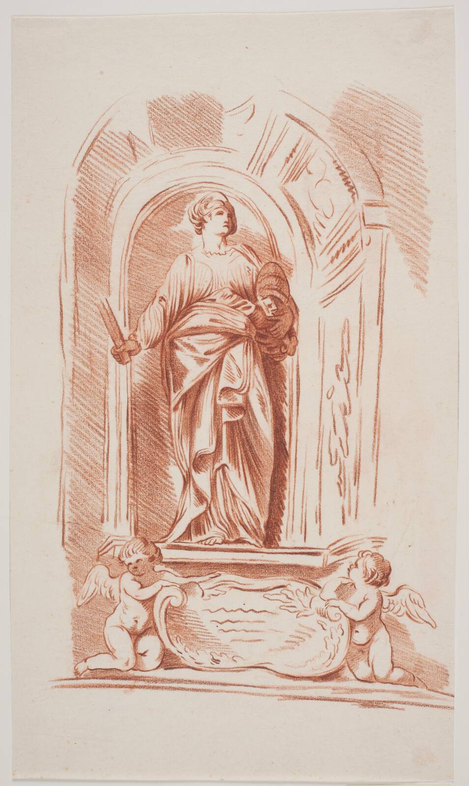Allegorisk kvindeskikkelse i gevandt med nøgle, tiara og en stav (?). Stående i en niche. Forneden to englebørn og et skjold (?), by Jacques François Joseph Saly, 1717-1776