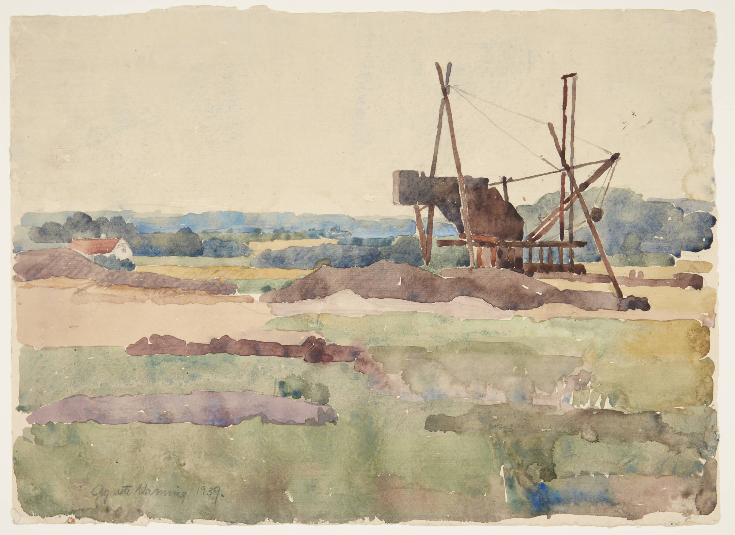 Landskab fra Fed ved Præstø bugt med gravemaskine, Agnete Varming, 1939