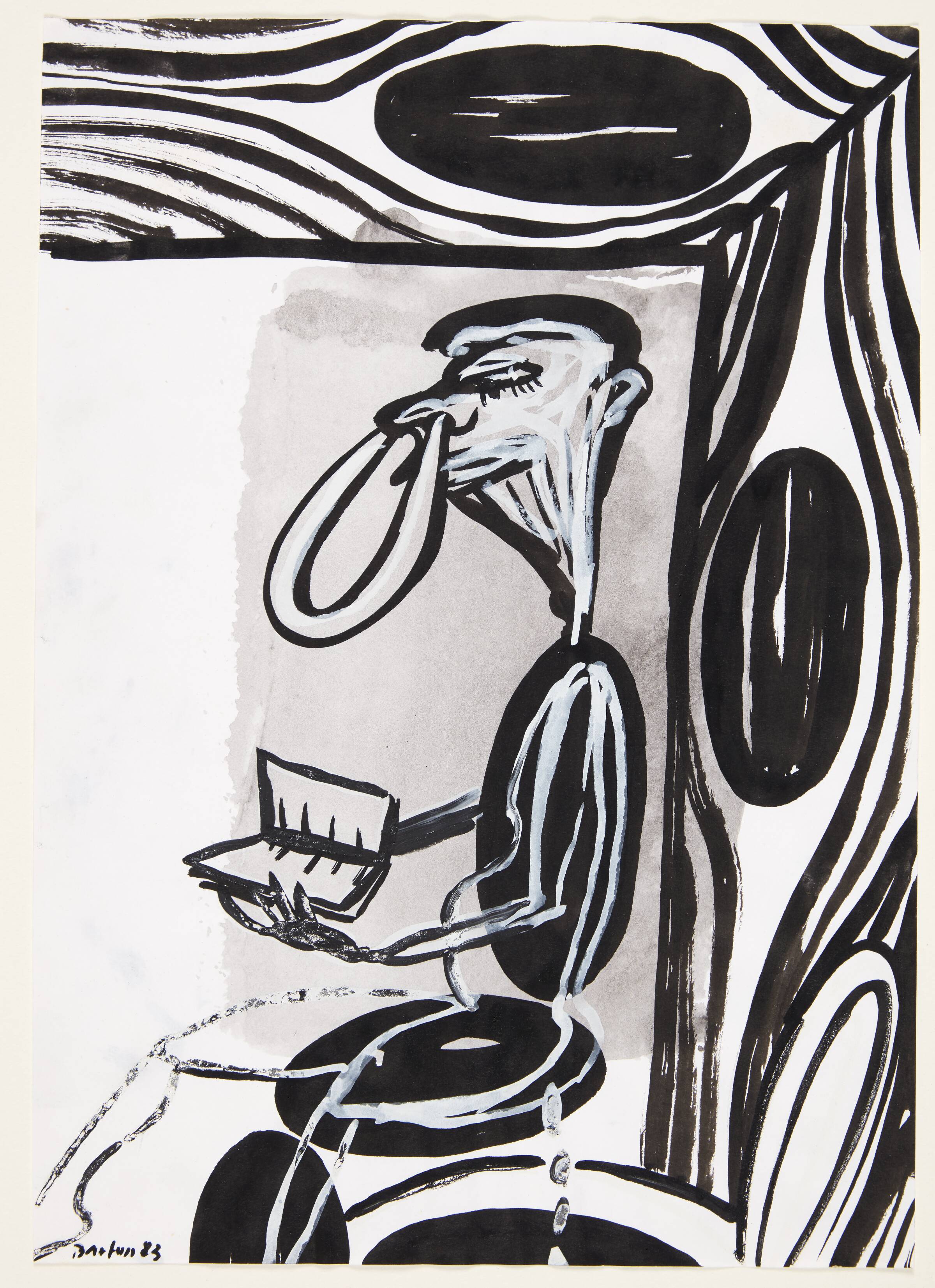 Uden titel (Siddende figur med bog og ring i næsen), Ina Barfuss, 1983
