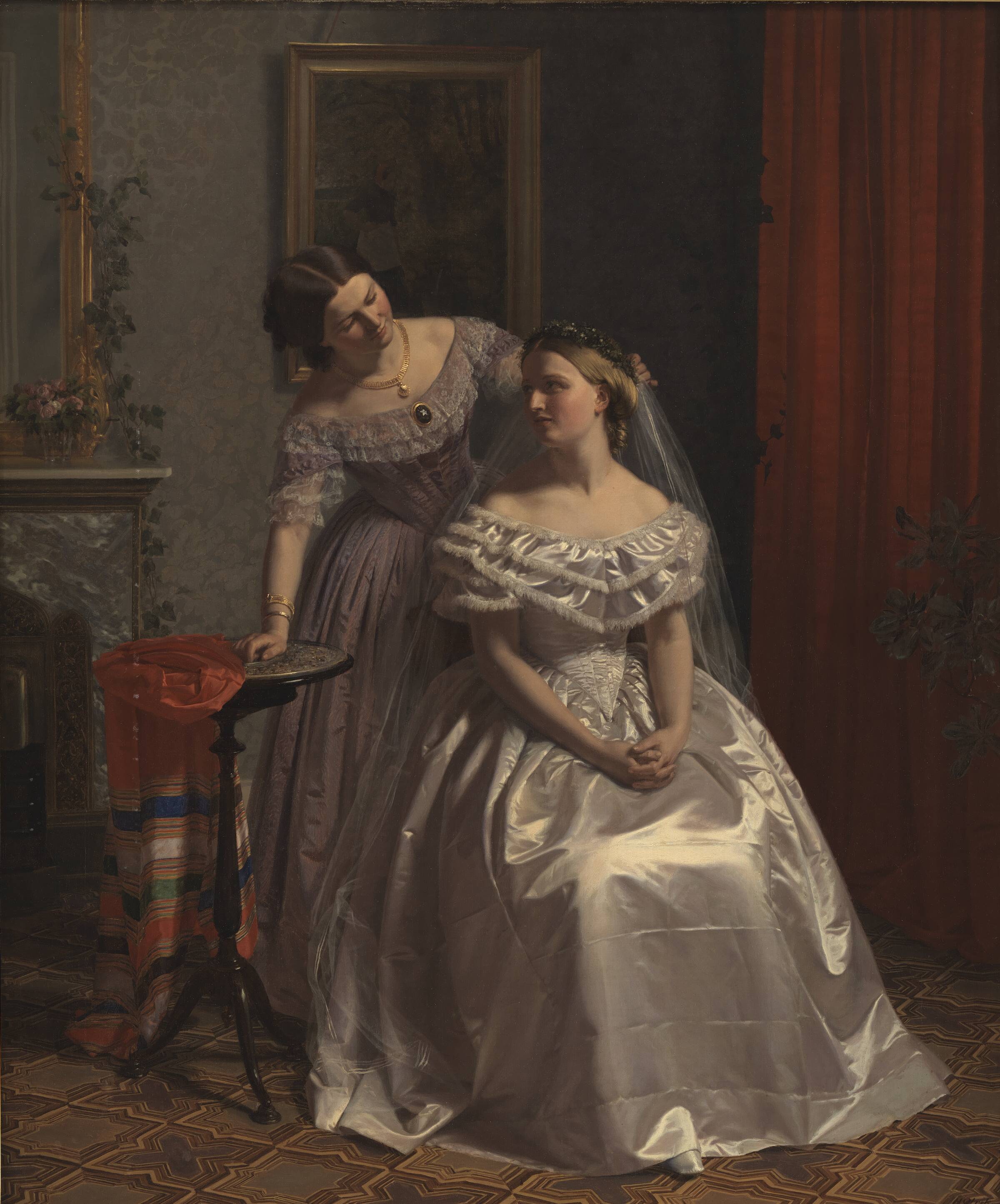 Bruden smykkes af sin veninde, Henrik Olrik, 1859