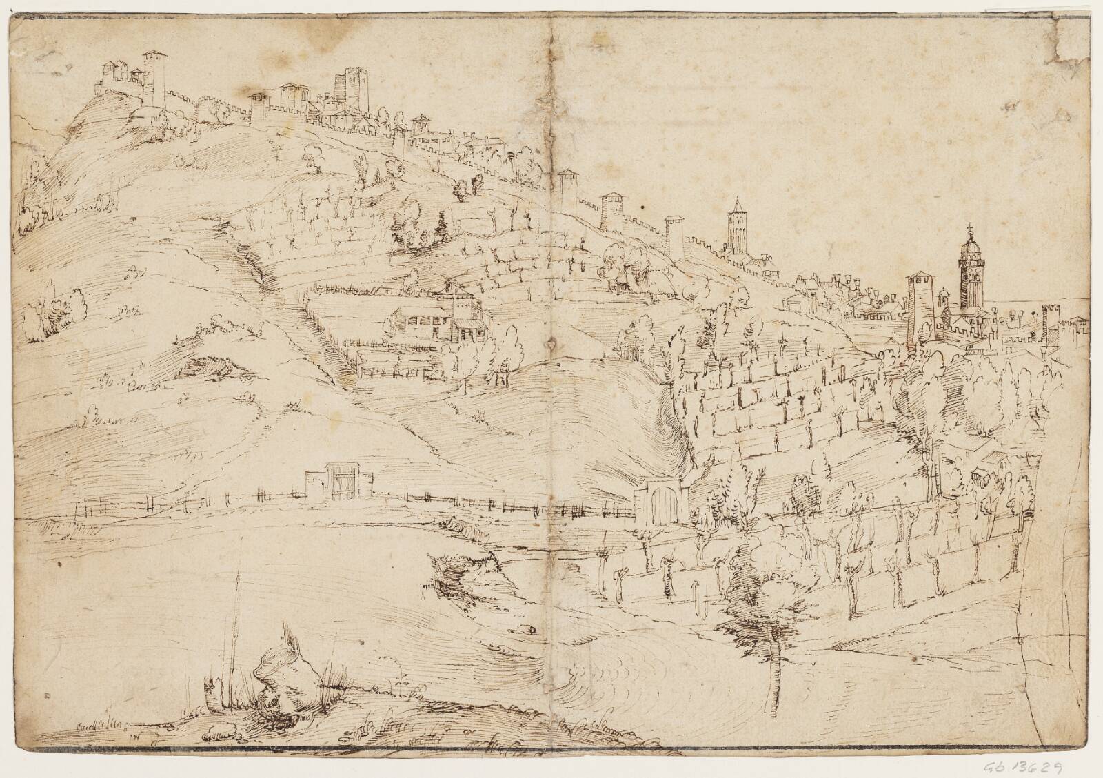 Bjergside med vinmarker og bymur, Ubekendt, 1525-1600