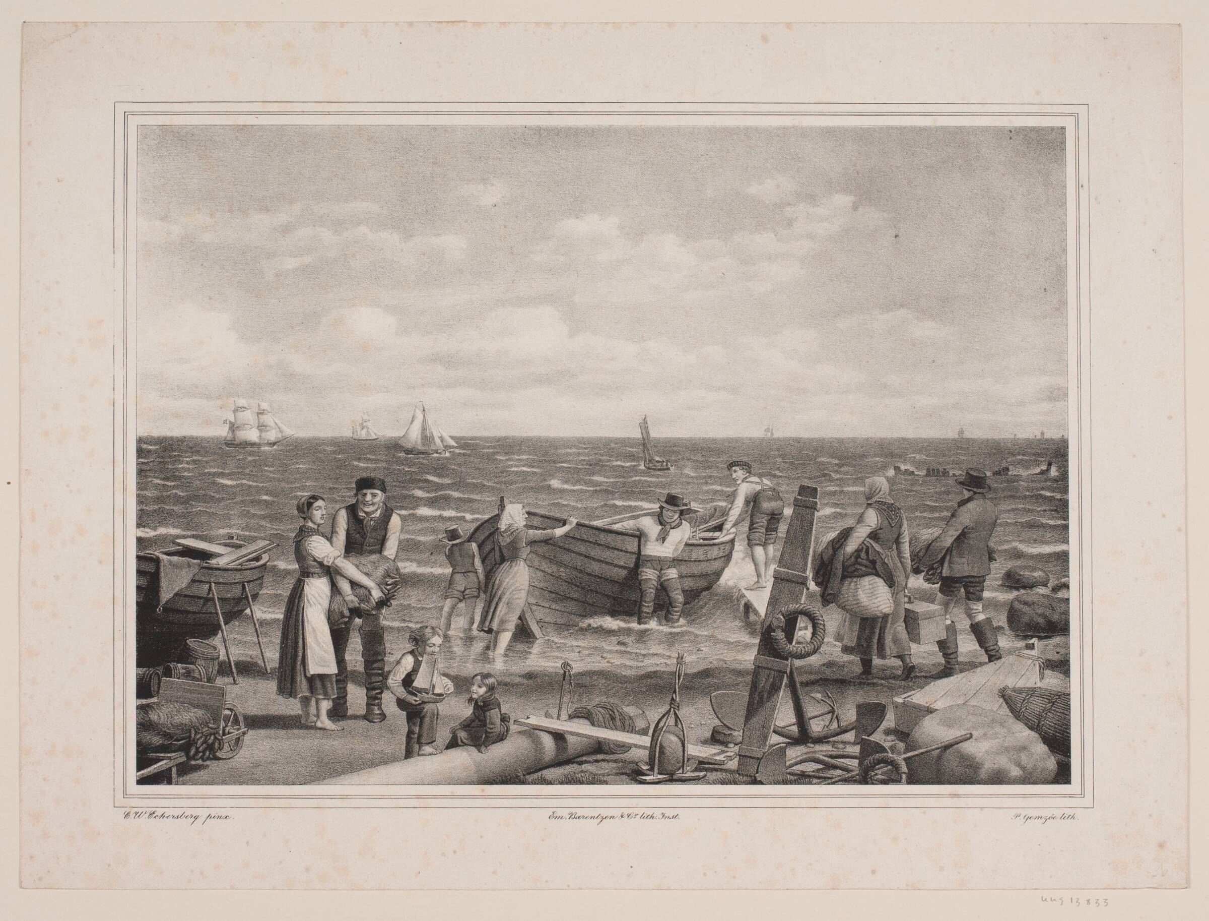 Fiskere i færd med at gå ud på fangst, Peter Henrik Gemzøe, 1830-1838