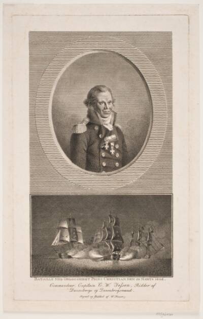 Portræt af kommandør-kaptajn C. W. Jessen. Herunder: Orlogsskibet Prins Christian Frederik i kamp 1808