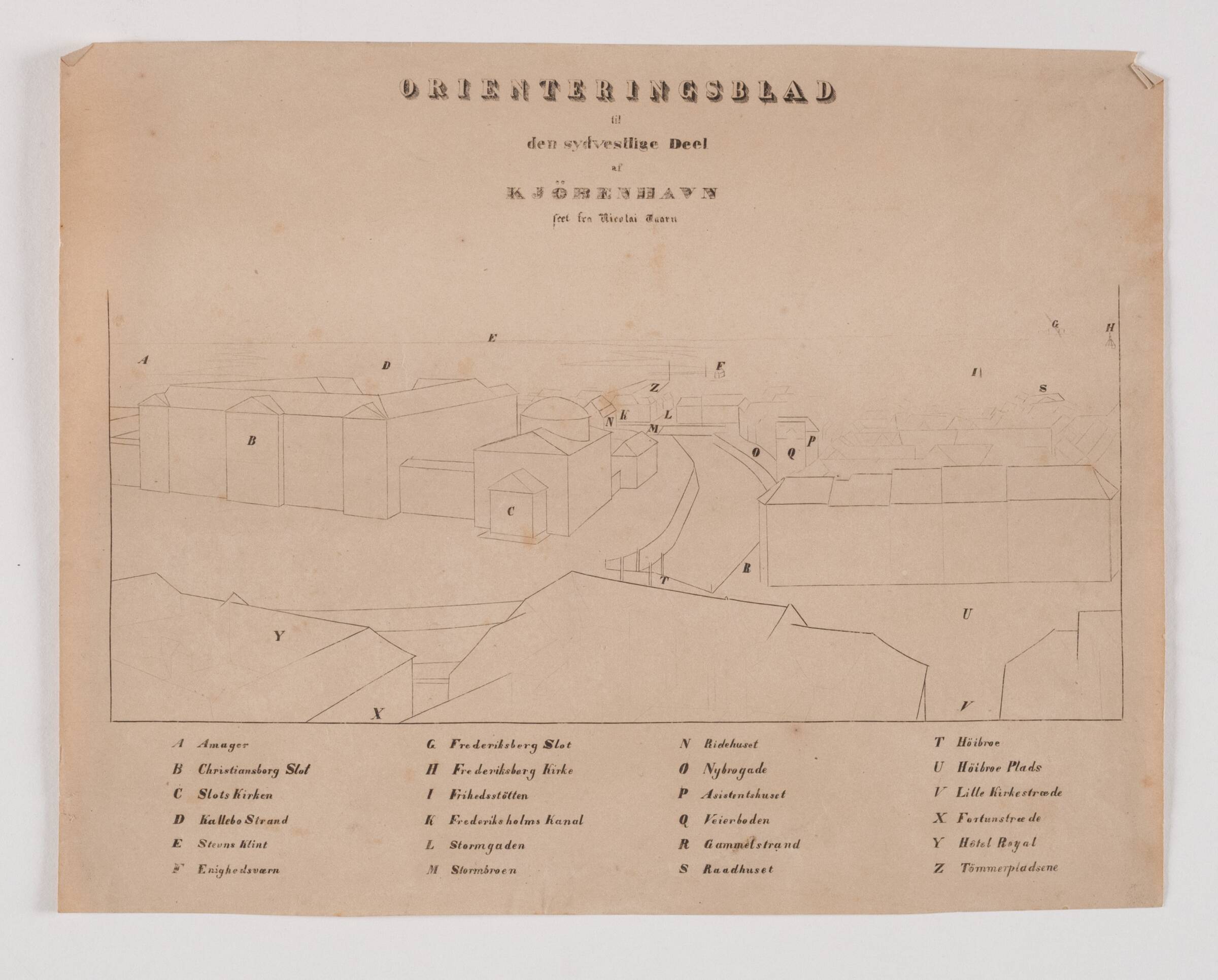 København set fra Nikolaj Tårn, orienteringsblad til den sydvestlige del, Søren Henrik Petersen, 1837
