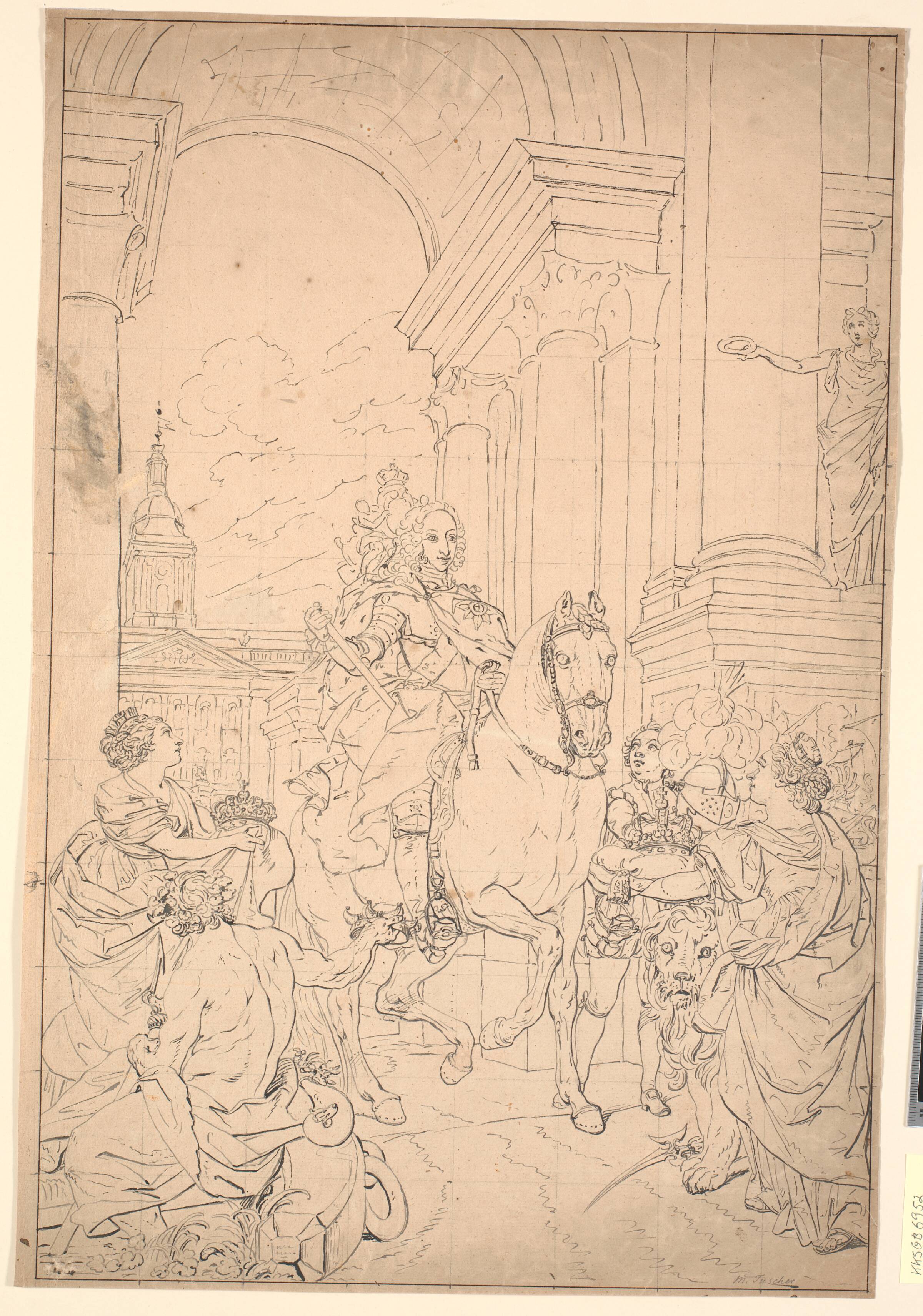 Udkast til maleriet: Danmark og Norge hylder Chr. VI (brændt med Christiansborg 1794), Marcus Tuscher, 1746-1749
