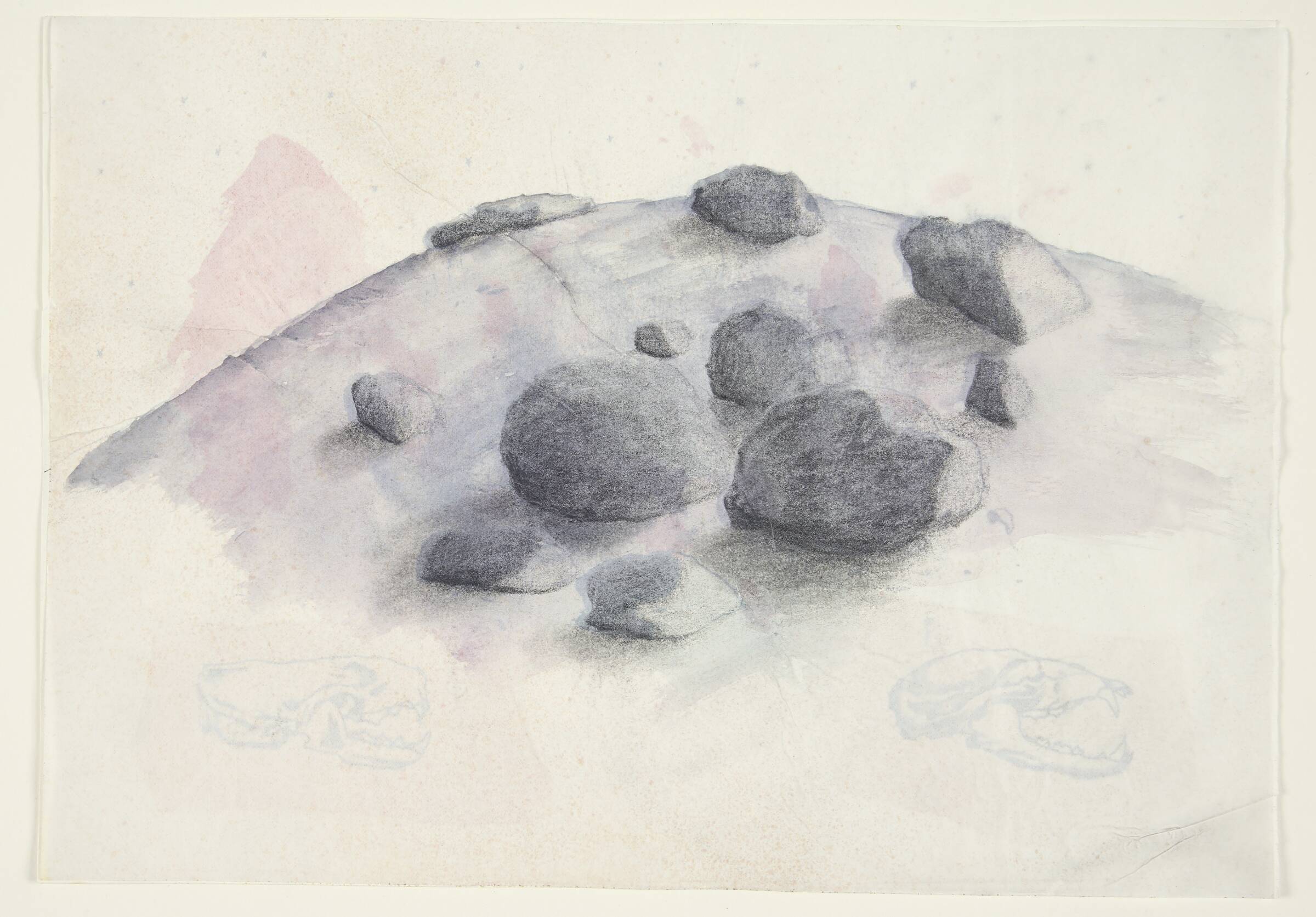 Tegning. Store sten på en bakke; dyrekranier, Nina Sten-Knudsen, 1981