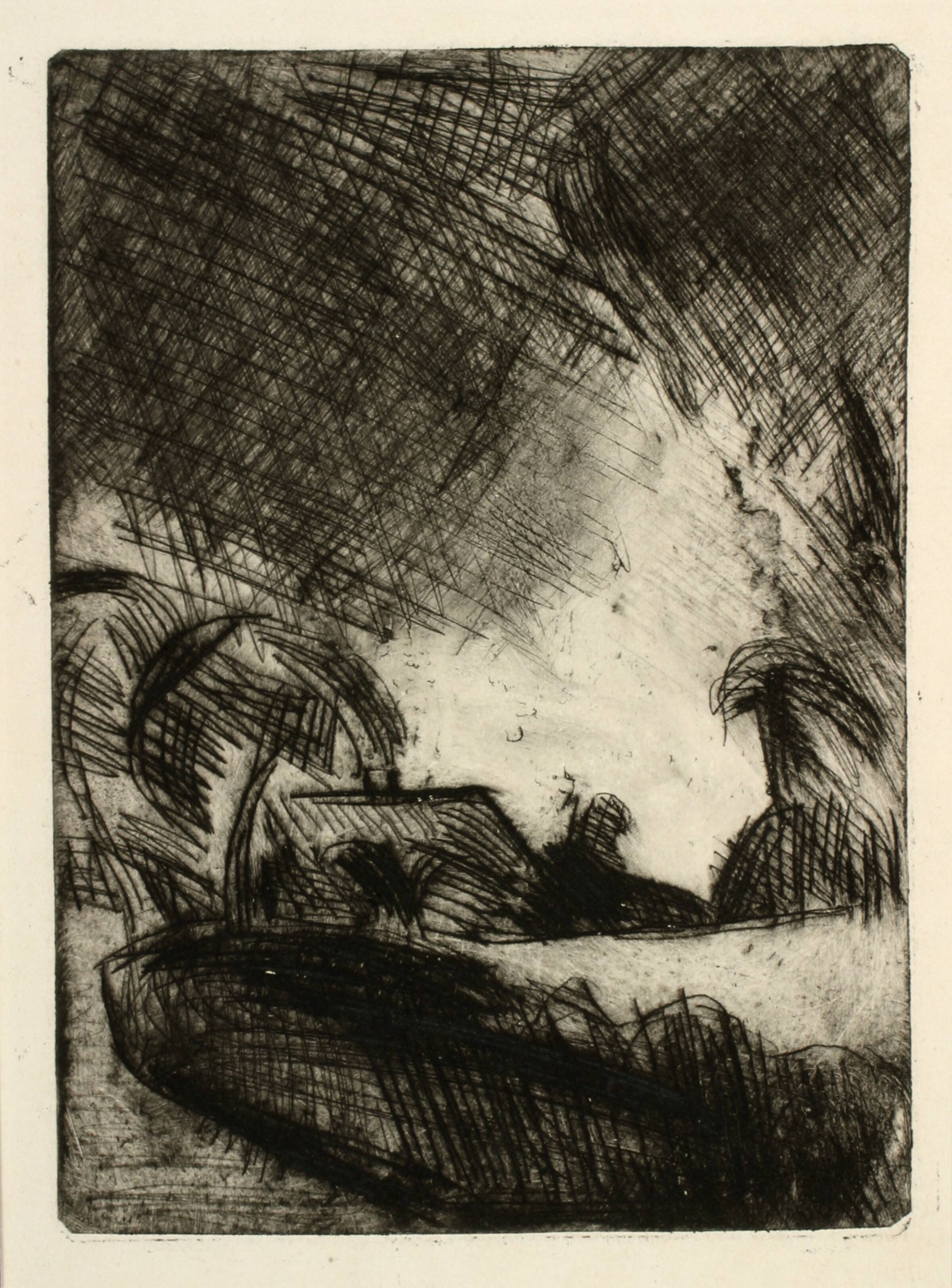 Landskab med hus gemt bag træer og høj himmel, Kaj Ejstrup, 1930-1934