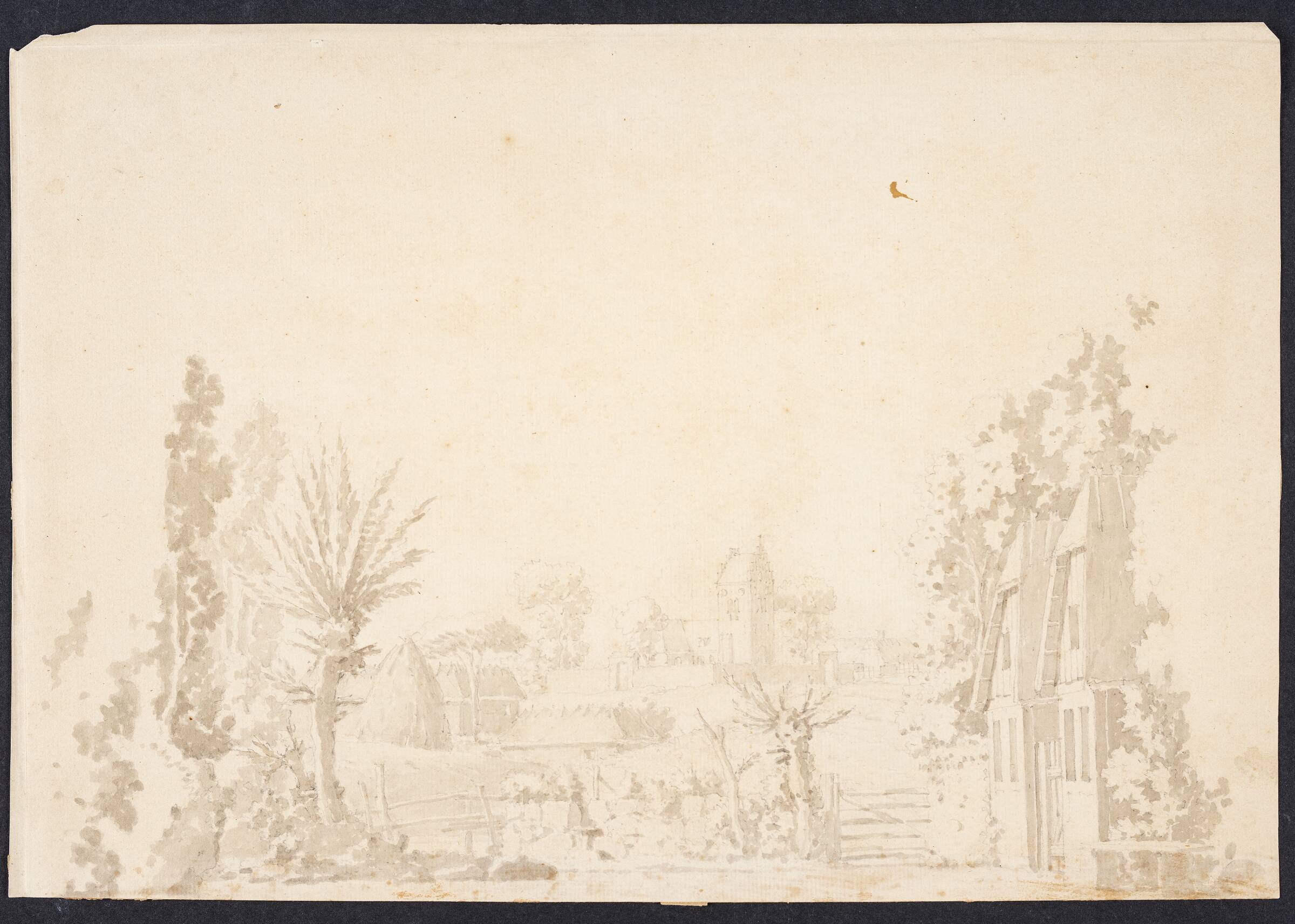 Scene-dekoration til "Høstgildet", Det Kgl. Teater. Gentofte kirke i baggrunden., Thomas Bruun, 1790
