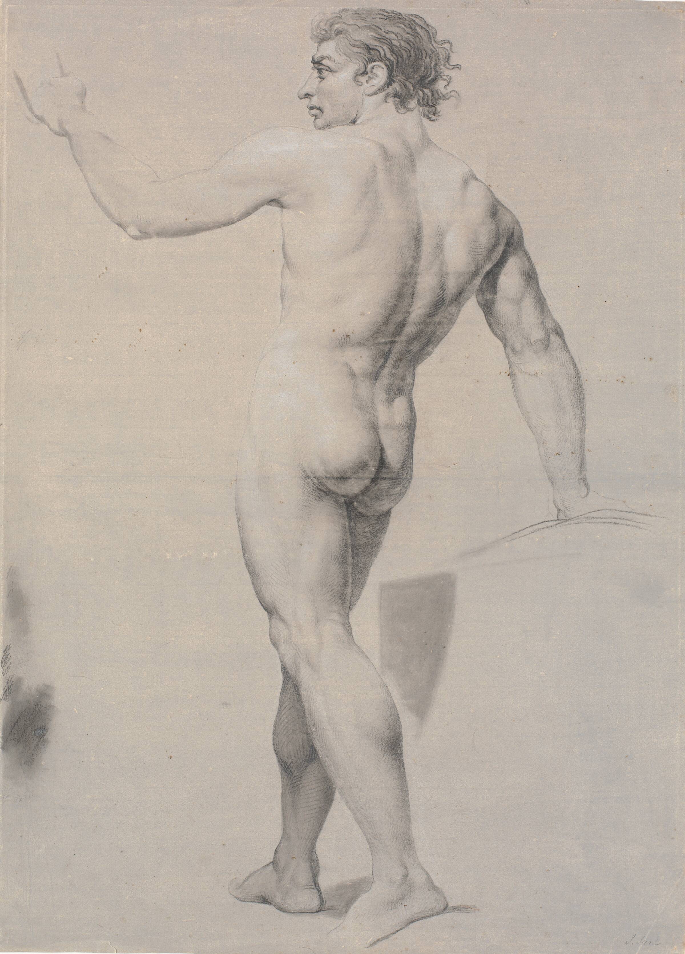Model stående, set fra ryggen, venstre arm løftet, Jens Juel, 1745-1802