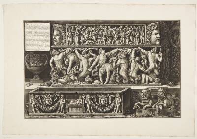 Marmorrelieffer og en sarkofag med et relief forestillende giganternes kamp mod Jupiter. Fundet nær S. Costanza's grav i 1748