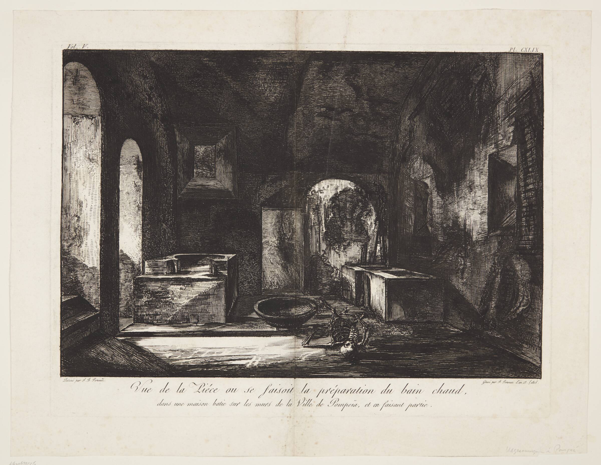 Vue de la piecé ou se faisoit la préparation du bain chaud, dans une maison batie sur les murs de la Ville de Pompeiia, et en faisant partie, Francesco Piranesi, 1805