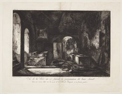 Vue de la piecé ou se faisoit la préparation du bain chaud, dans une maison batie sur les murs de la Ville de Pompeiia, et en faisant partie