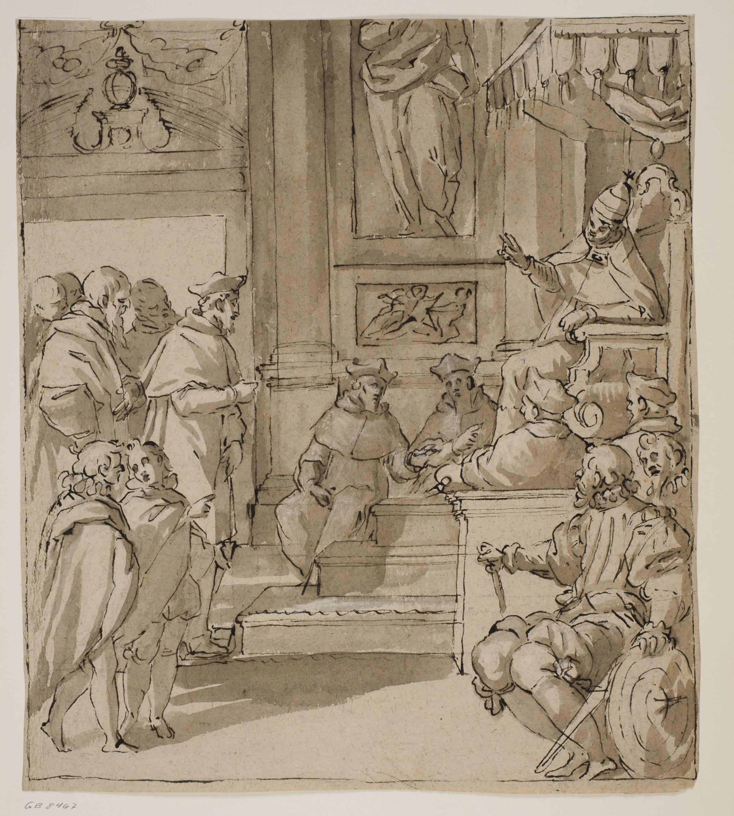 En kardinal af Barbarigo-familien modtages i audiens af paven. Studie til en fresco i Villa Barbarigo, Noventa Vicentina, Antonio Aliense, 1556-1629