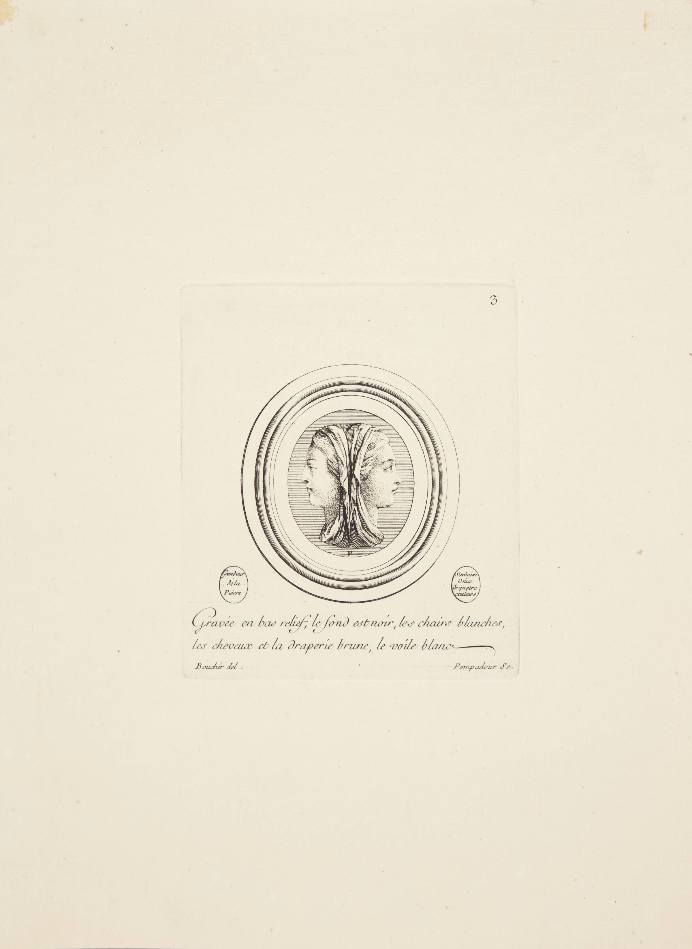 To kvindehoveder i profil. Den ene mod højre, den anden mod venstre, Madame de Pompadour, 1753-1757