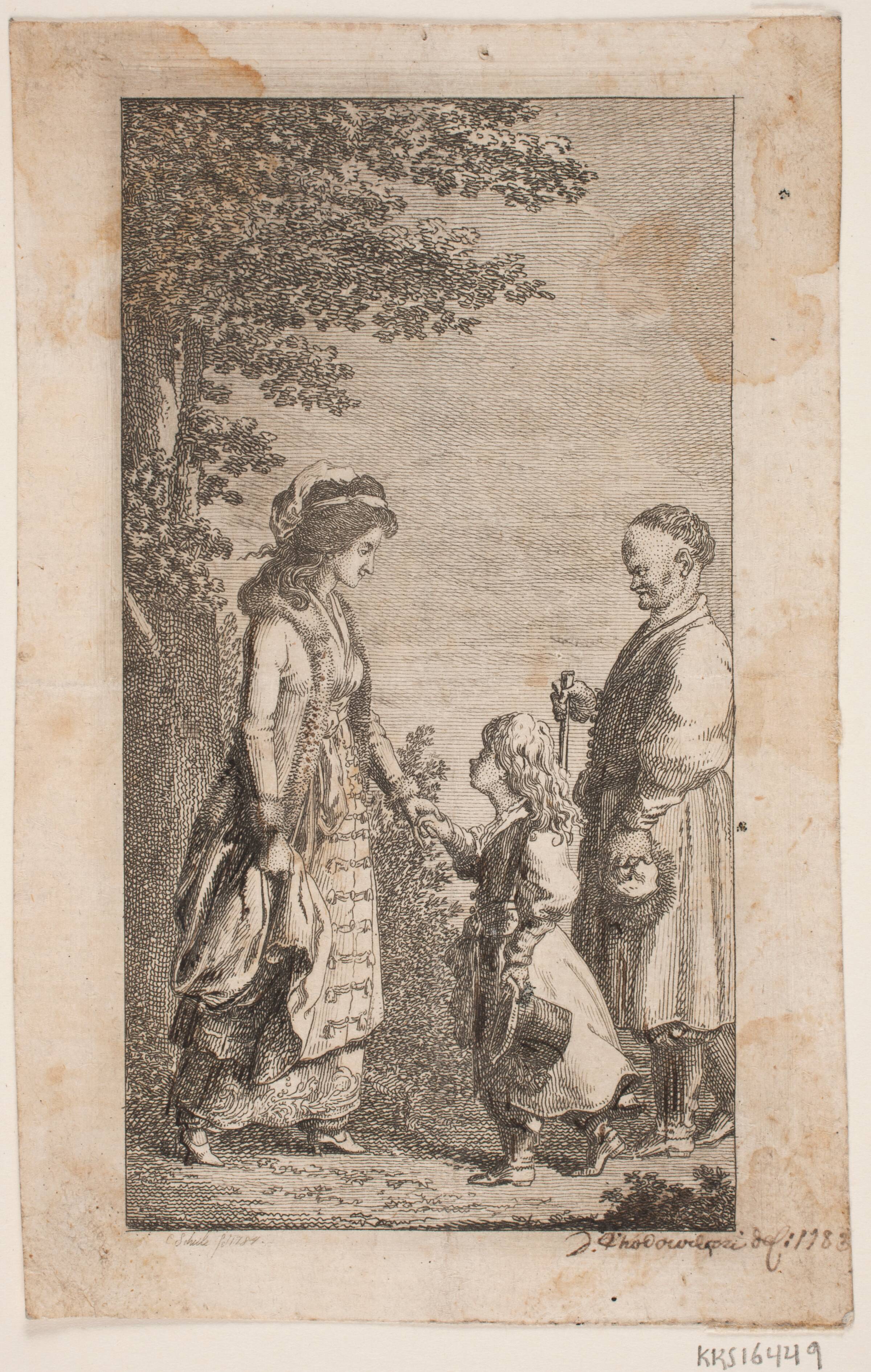 Ung kvinde, som tager en lille dreng ved hånden, mens en mand med stok ser på, Georg Christian Schule, 1784