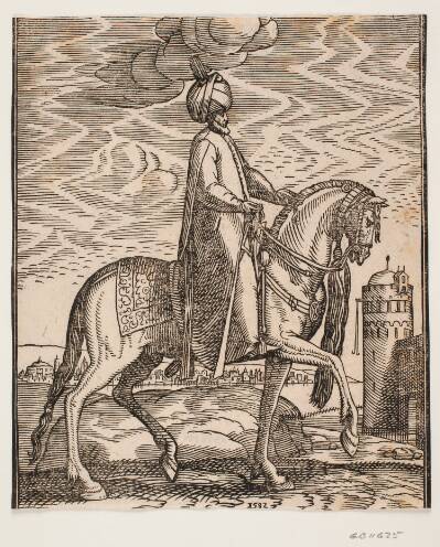 Rytter med turban; kølle hængende ved hestens højre side; profil t.h.; i baggrunden t.h. en mur med en port og et rundt tårn