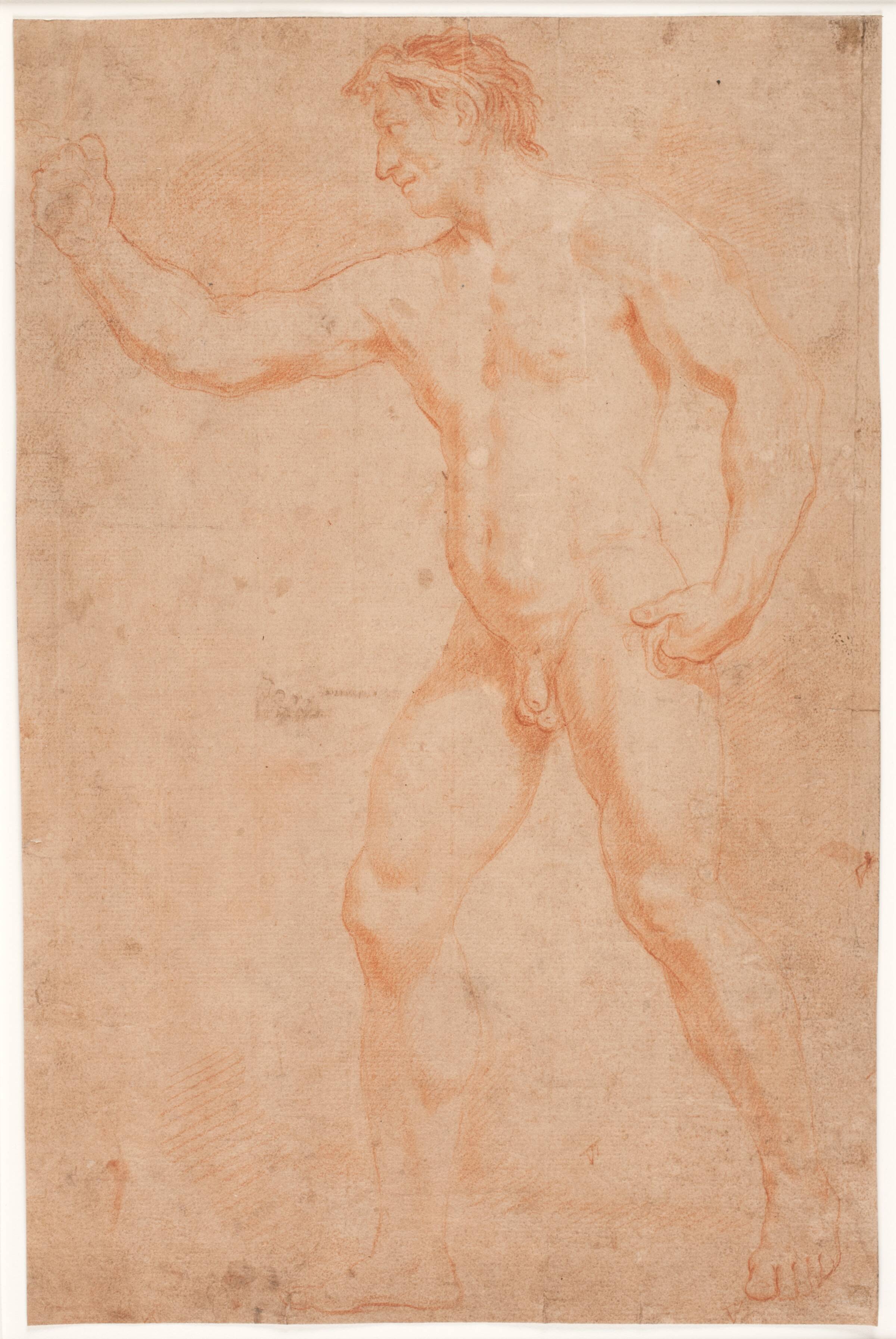 Mandlig modelstudie, stående, med løftet arm, Hendrik Krock, 1671-1738