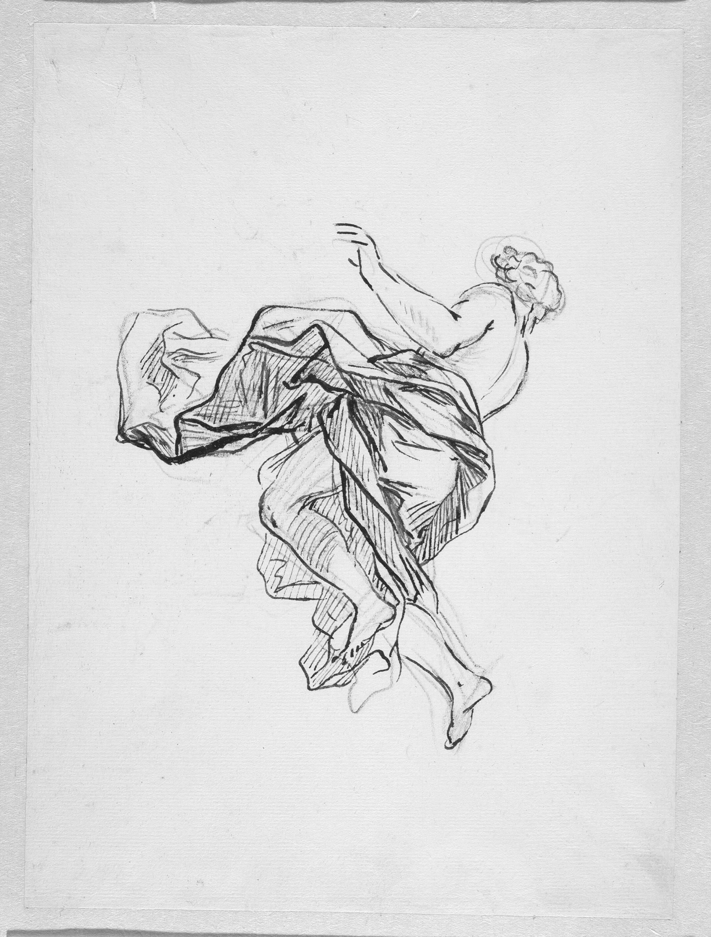 Flyvende figur med en flagrende kappe set bagfra, Francesco la Marra, 1710-1780