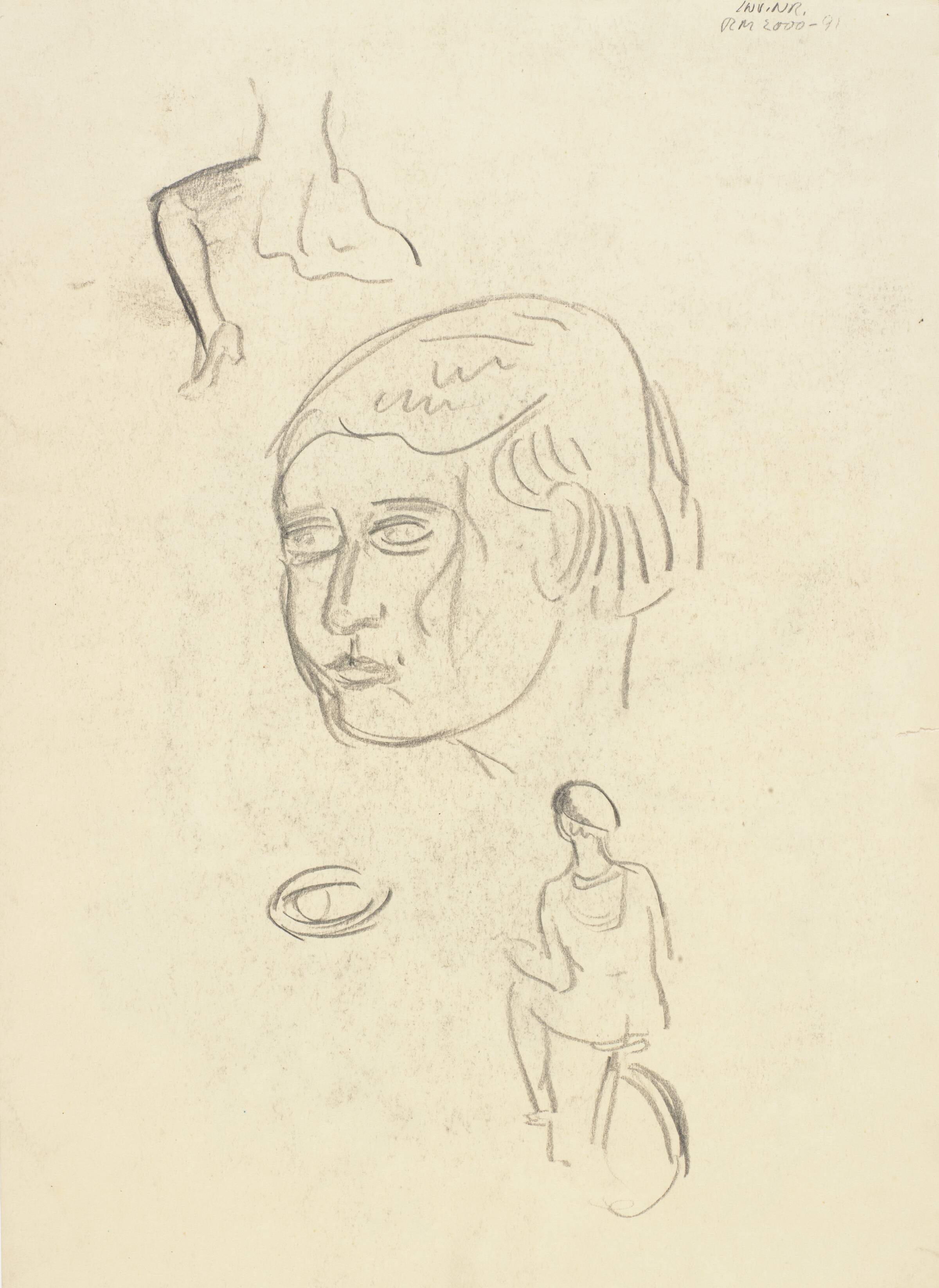 Portrætstudie, to figurstudier, et øje, Richard Mortensen, 1930