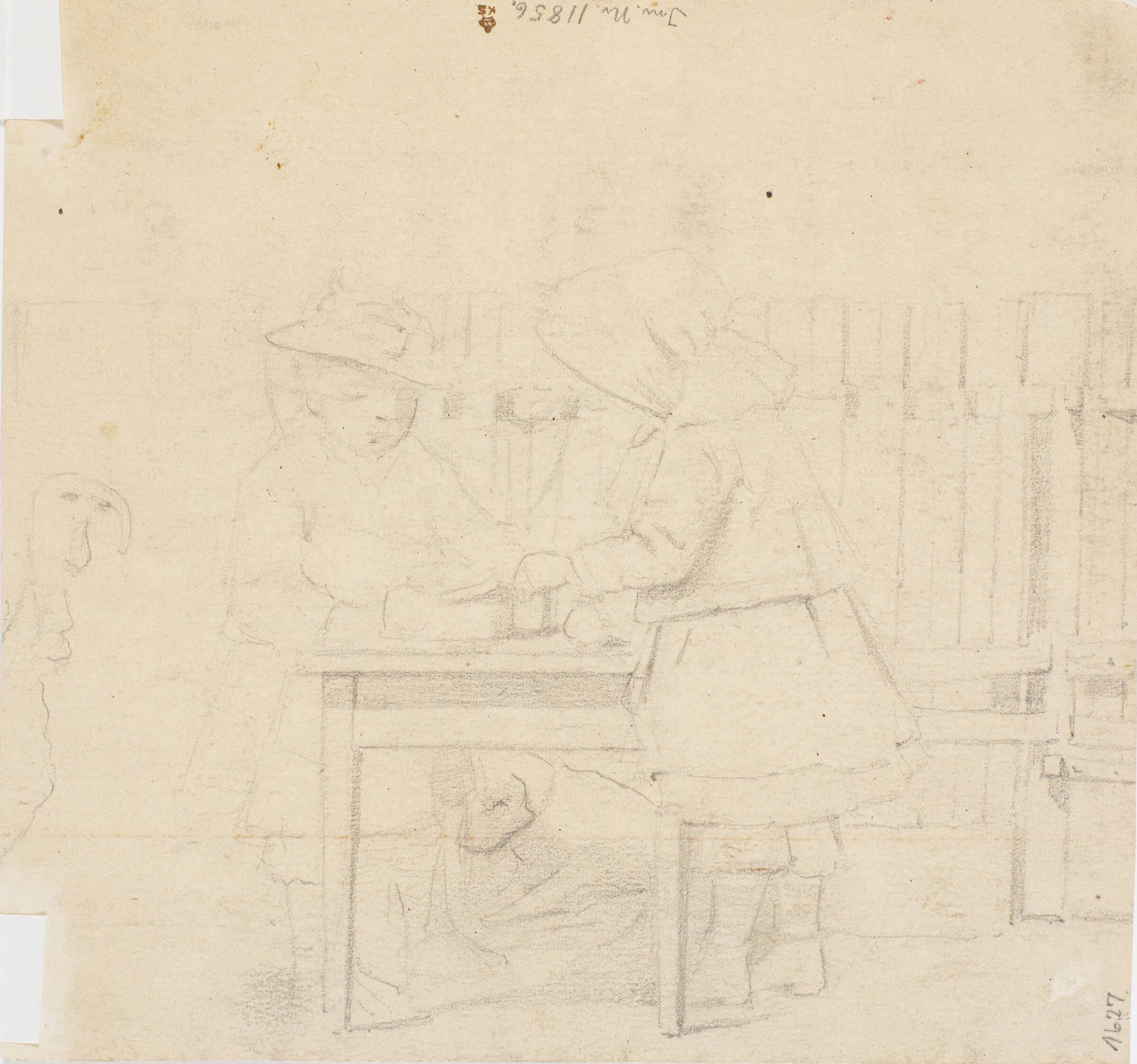 To små piger med mamelukker ved et bord i det fri, Hans Smidth, 1880
