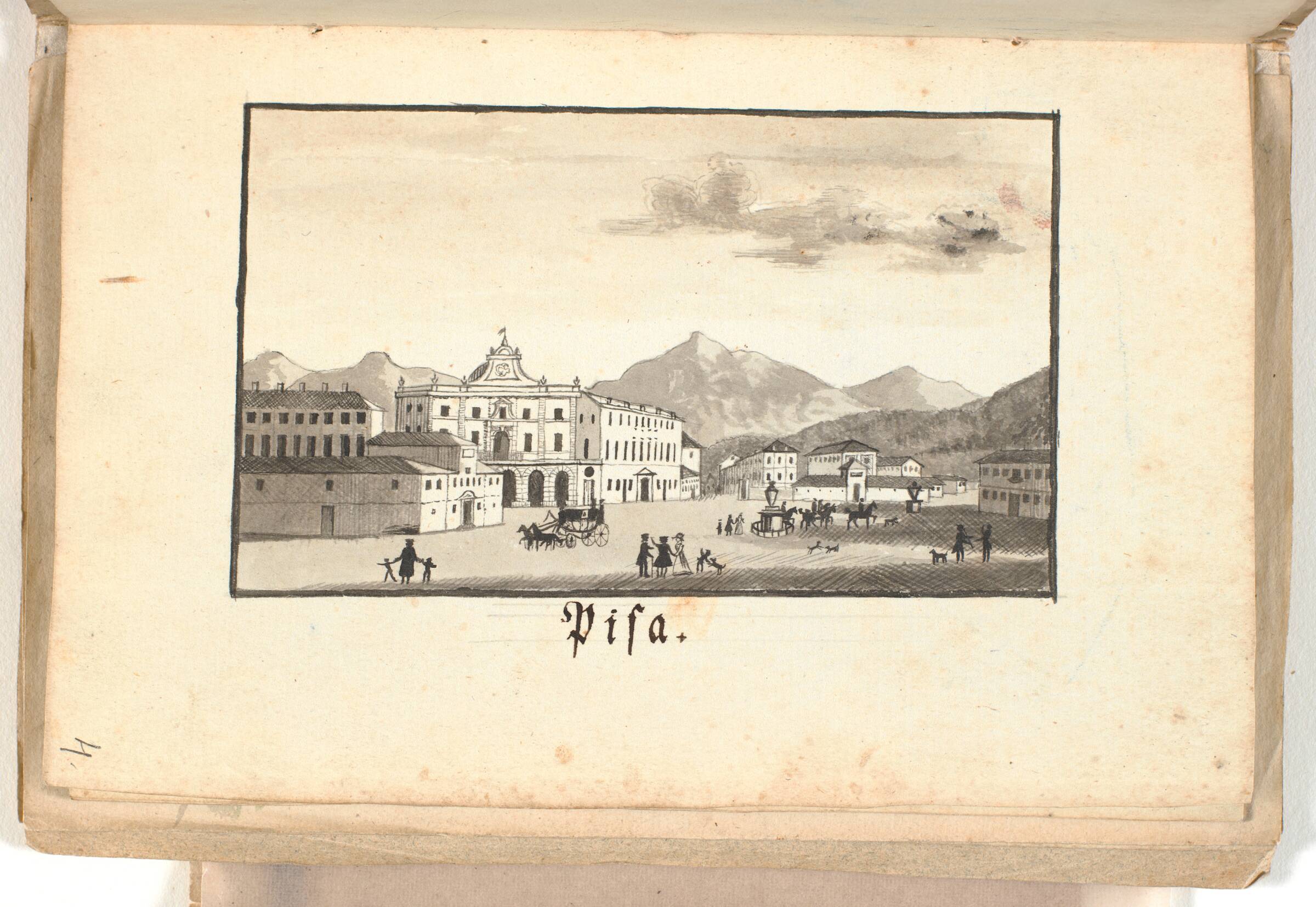 En stor plads med hestevogne og fodgængere, kranset af store bygninger. I baggrunden bjerge., P.C. Skovgaard, 1828