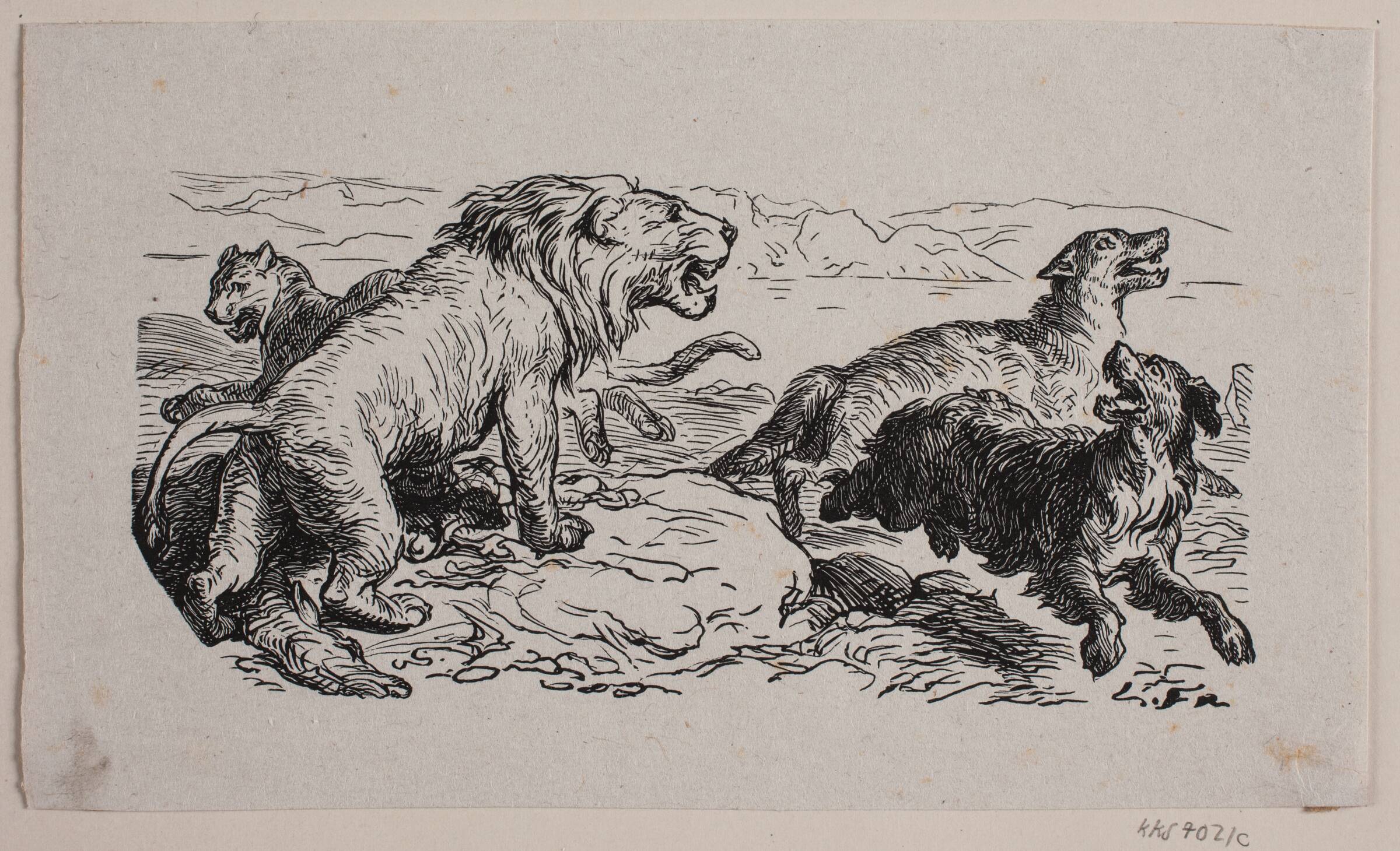 Illustration til "Fablen om løvens jagt", Franz Wilhelm Obermann, 1872