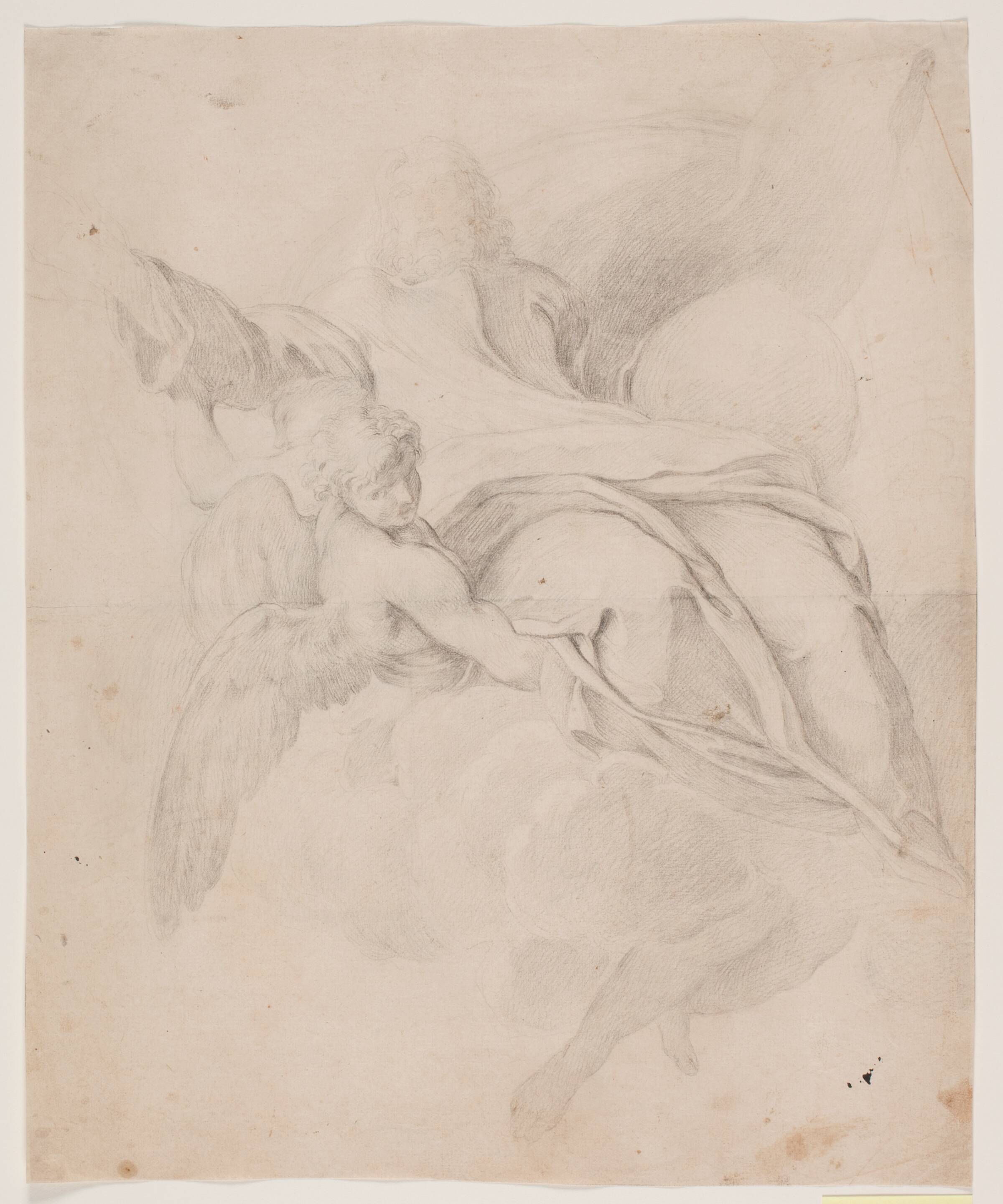 Gudfader og verdenskuglen, båret af engle., Hendrik Krock, 1671-1738