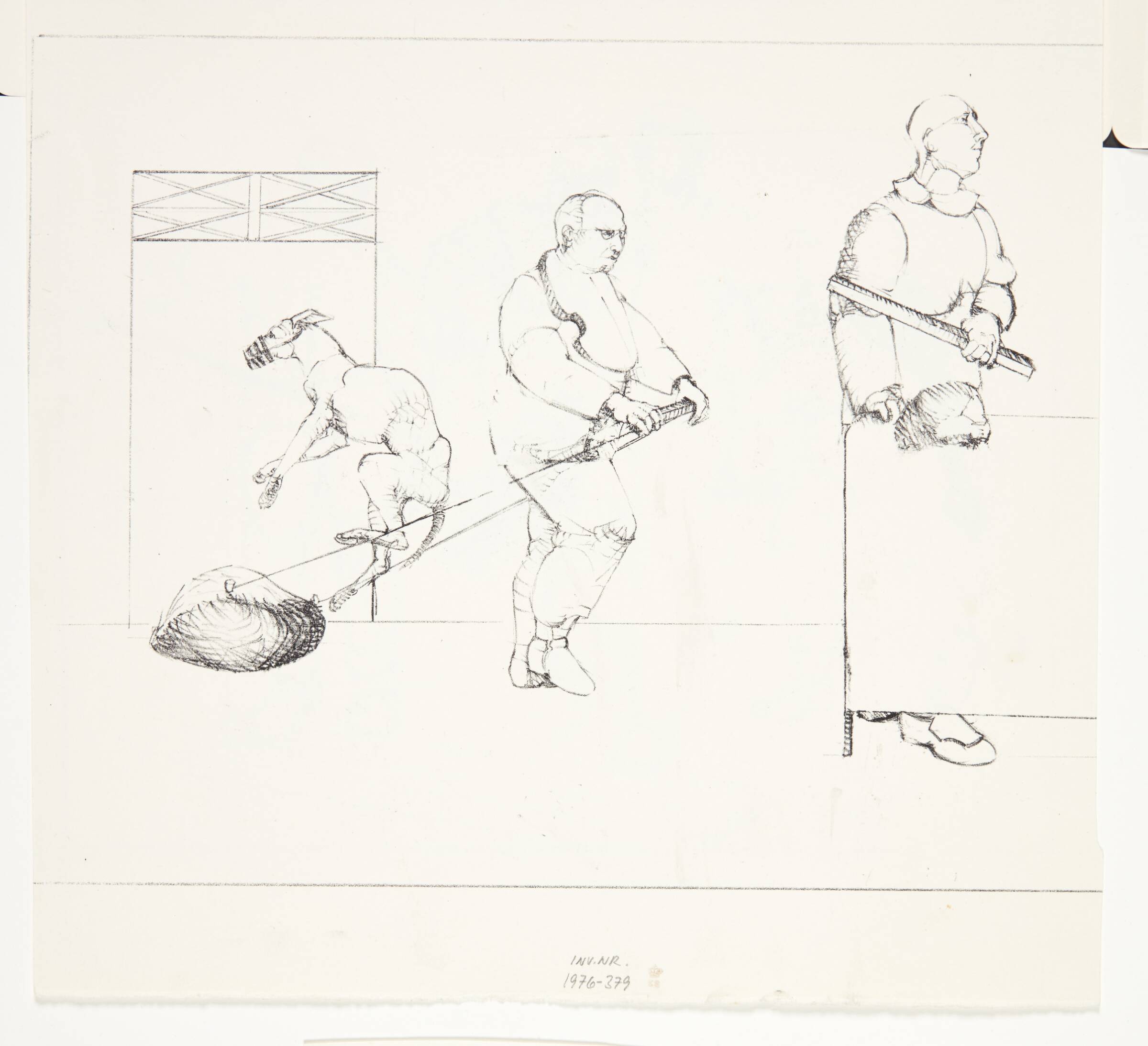 Venstre side af litografi: en mand trækker en byrde, springende hund, mand med stav, Sys Hindsbo, 1975