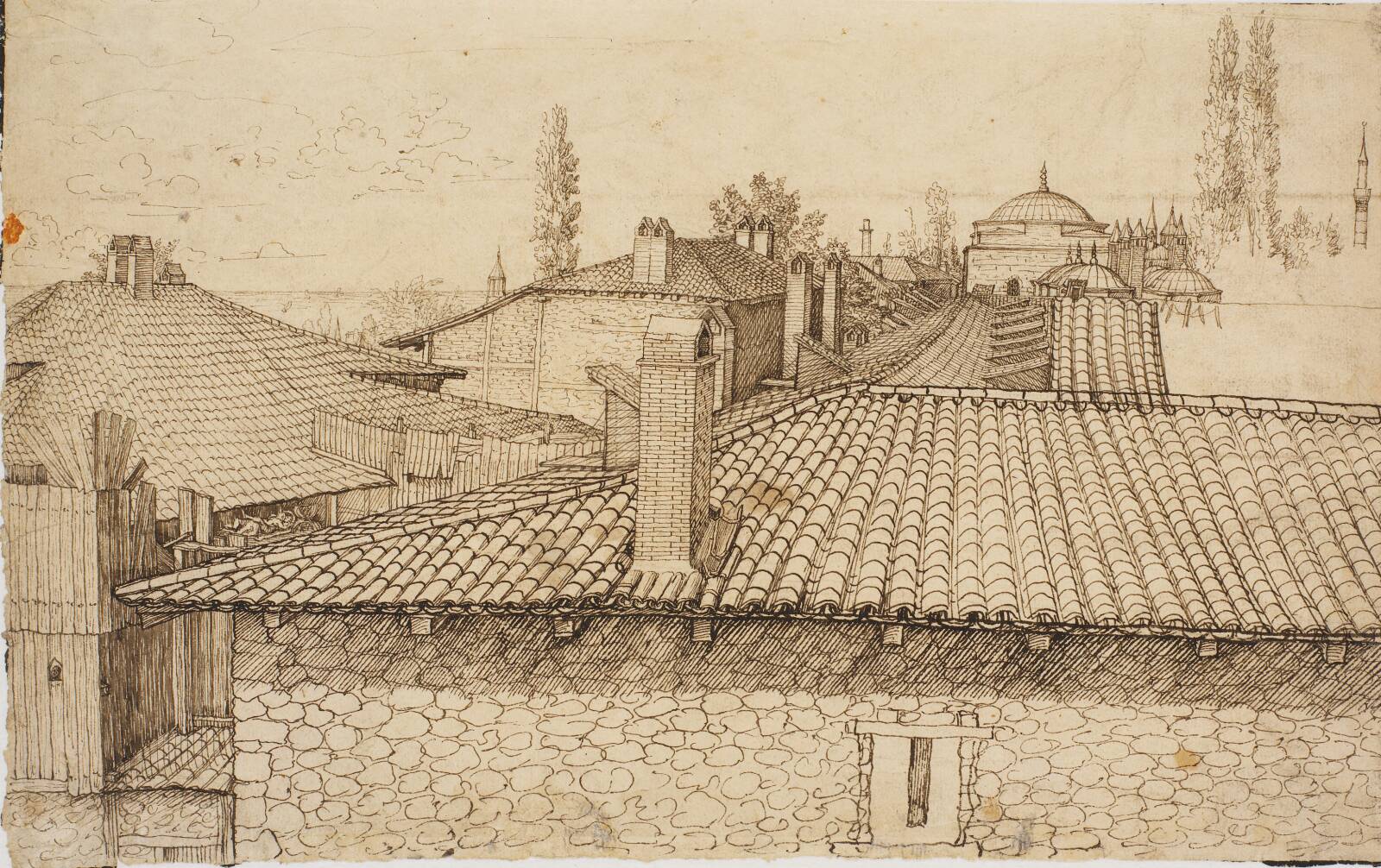 View over Roofs towards the Column of Arcadios in Constantinople, by Melchior Lorck, 1555-1559