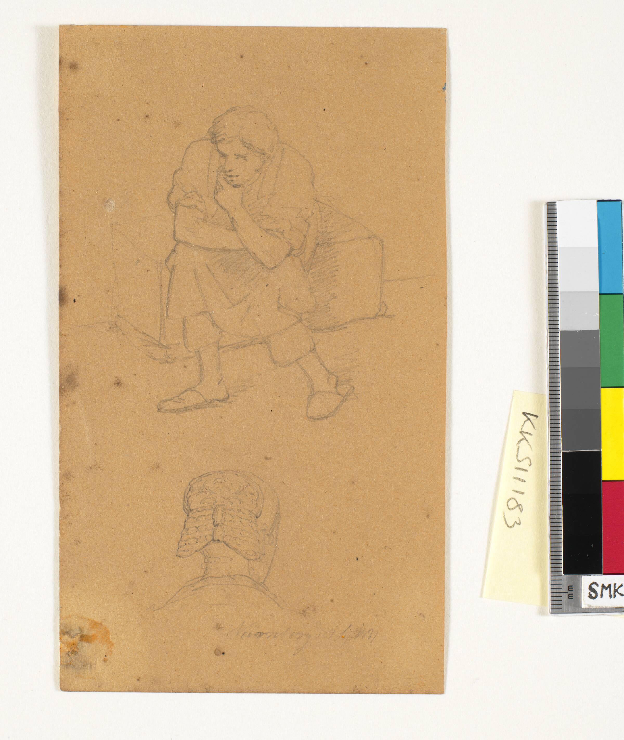 F.o. siddende figur. F.n. kvindehoved set bagfra, Wilhelm Bendz, 1831