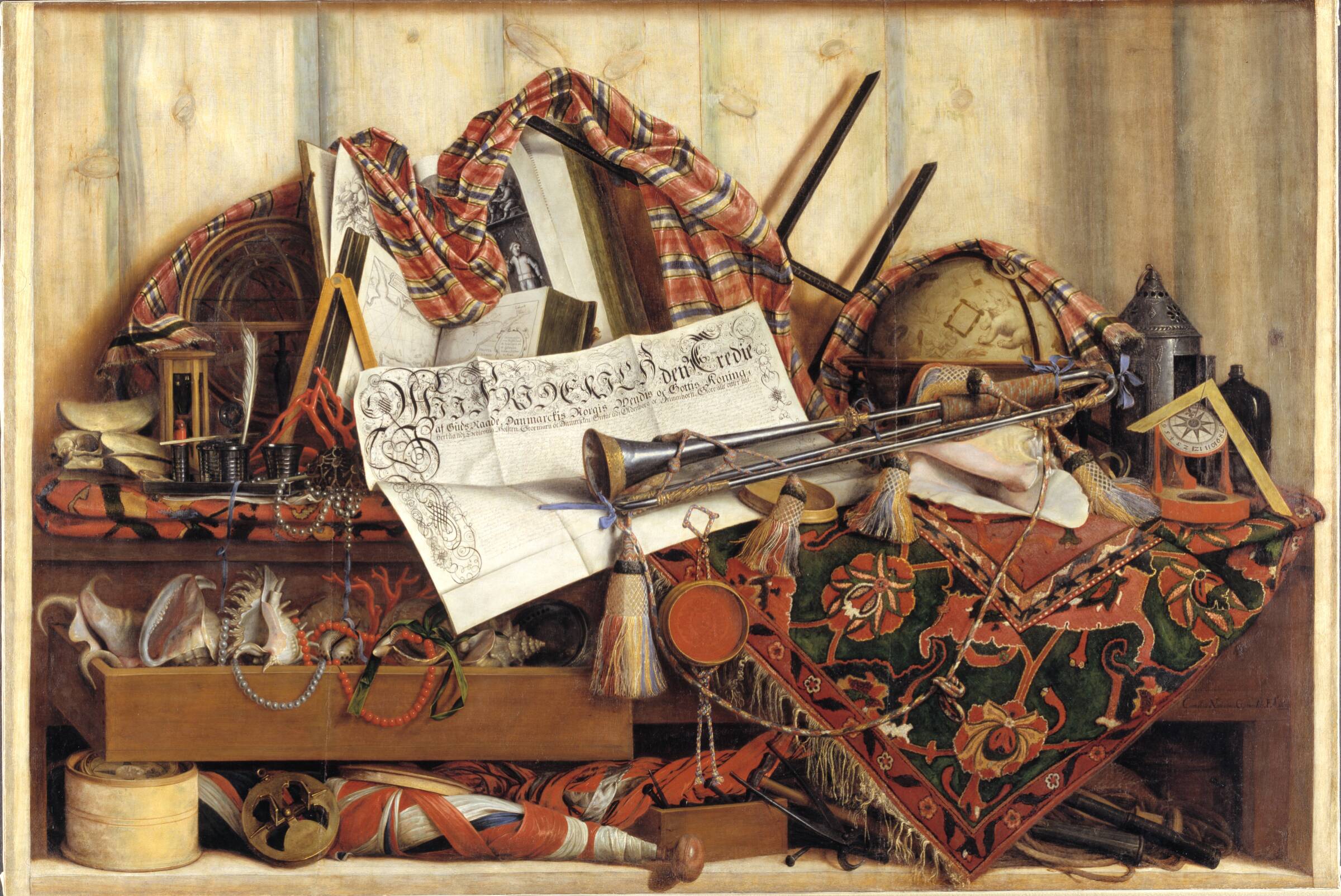 Trompe l'oeil med trompet, himmelglobus og Frederik III's proklamation, Cornelius Norbertus Gijsbrechts, 1670