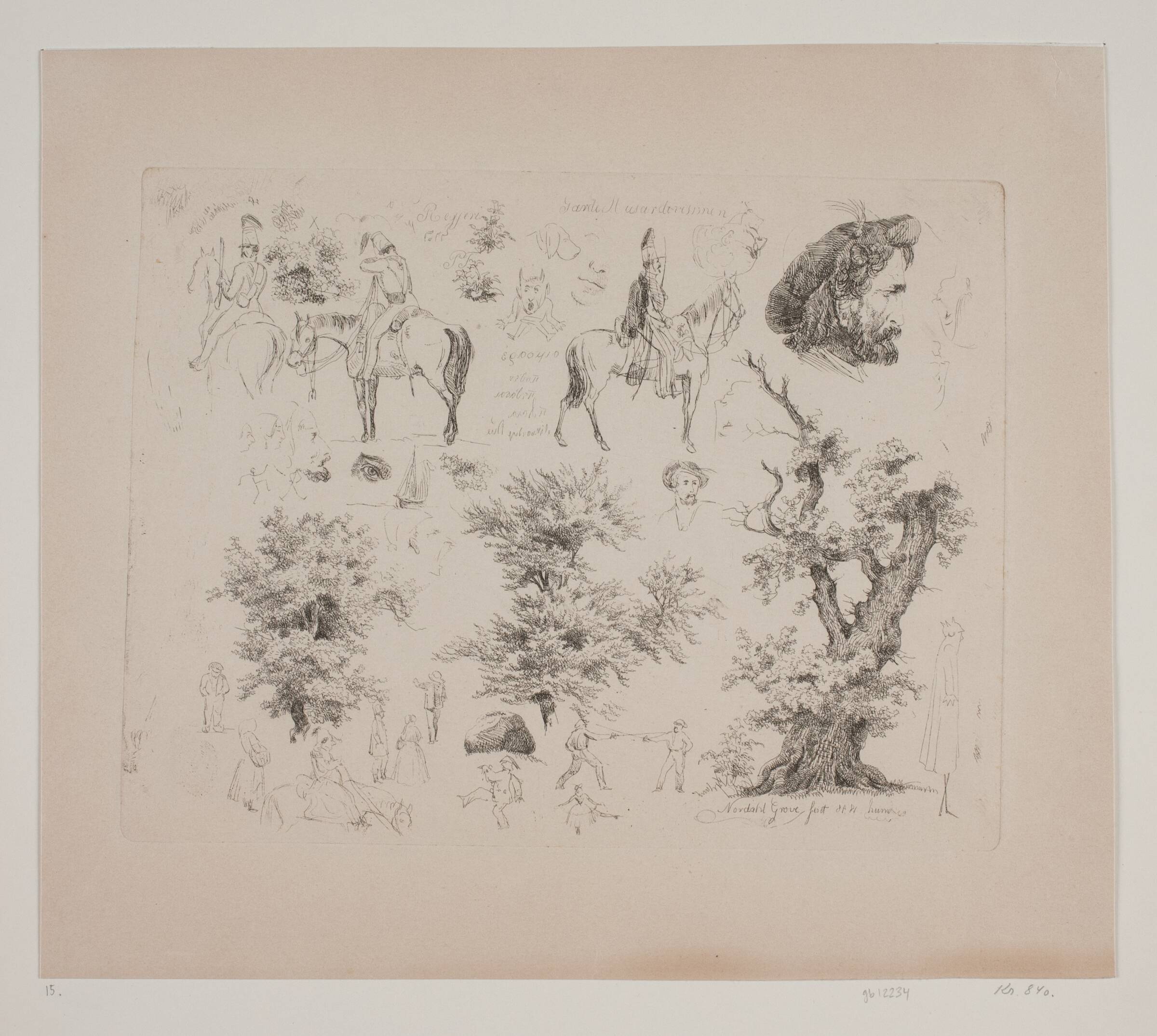 Prøveblad. Træer og mandsportrætter, Frits Grove, 1848