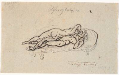 Odysseus og Kalypso, liggende nøgne på et leje