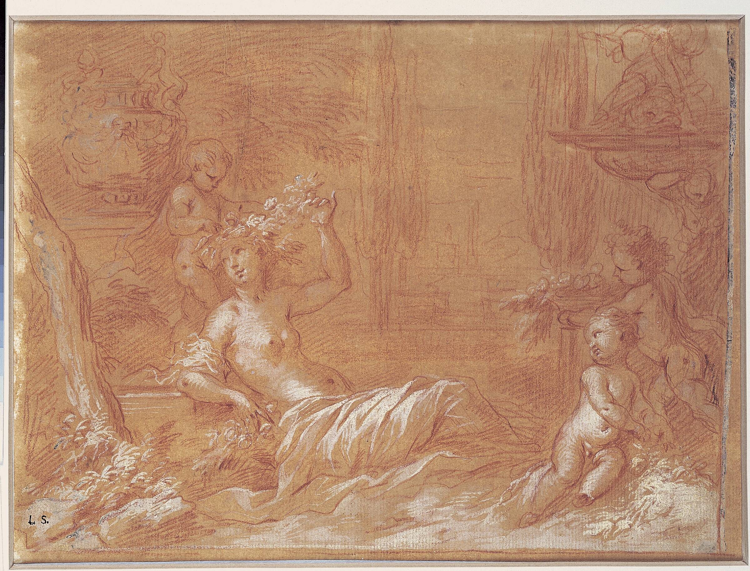 Liggende nymfe i en have med fontæne, vase og tre amoriner, Bartolomeo Biscaino, 1632-1657