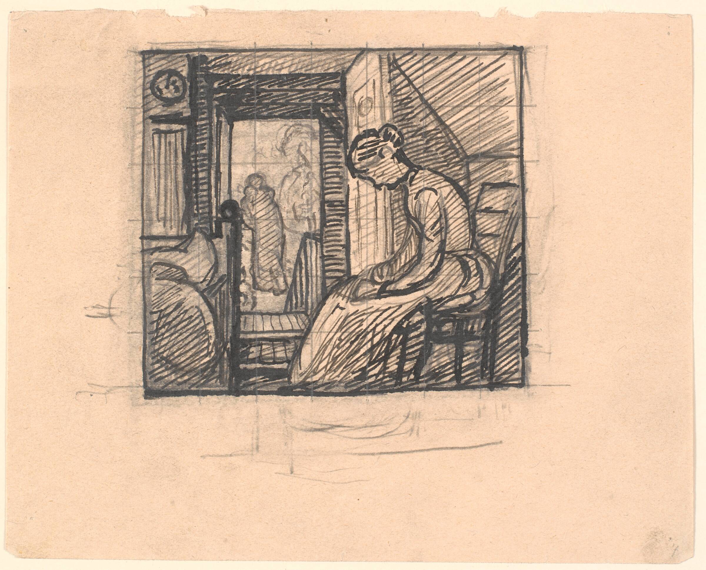 Og Moderen så ned i sit Skød, og tårerne løb hende over Kinderne..., Fritz Syberg, 1901-1902