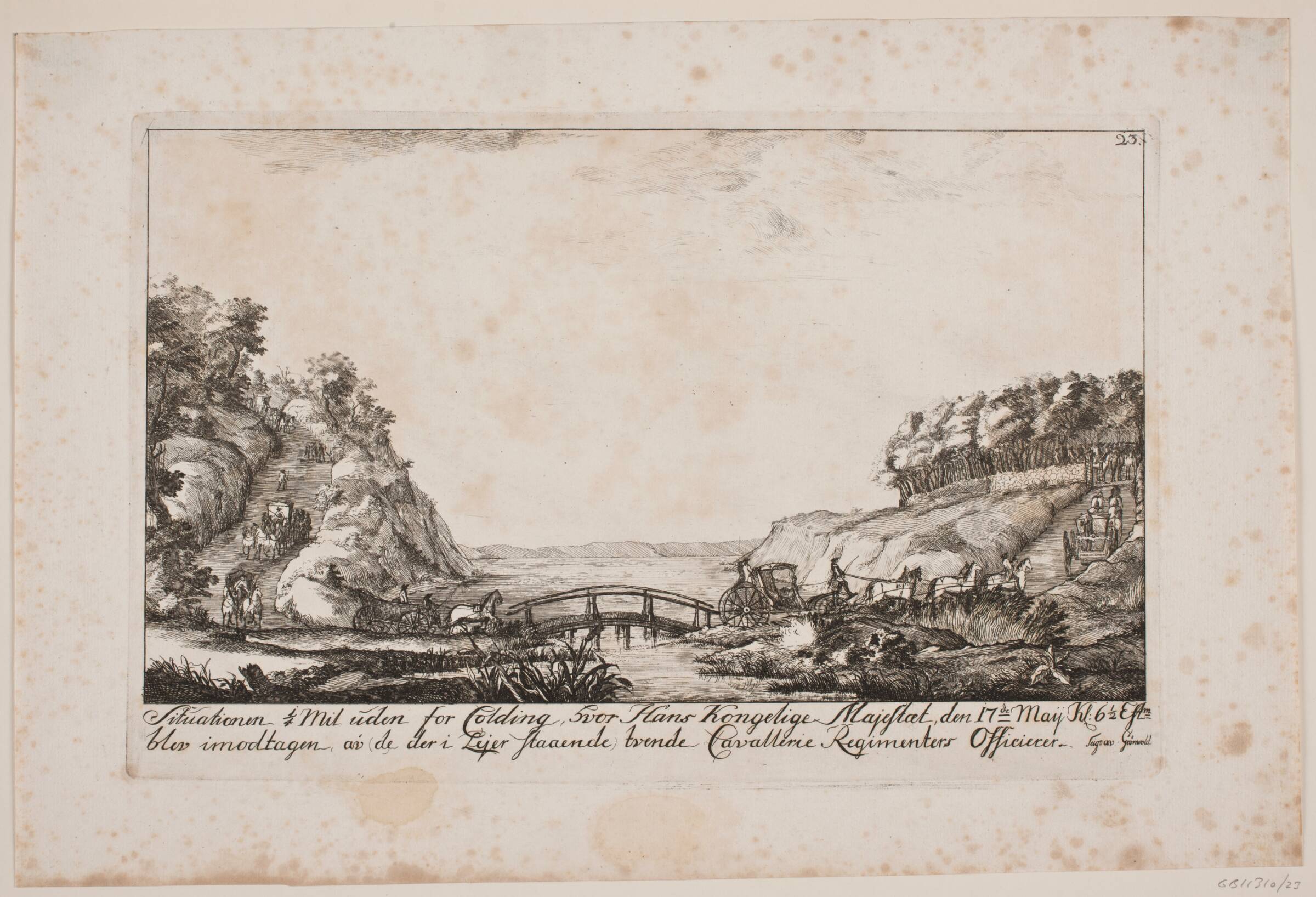 Kong Frederik V modtages af kaveriofficerer uden for Kolding, Poul Isac Grønvold, 1749